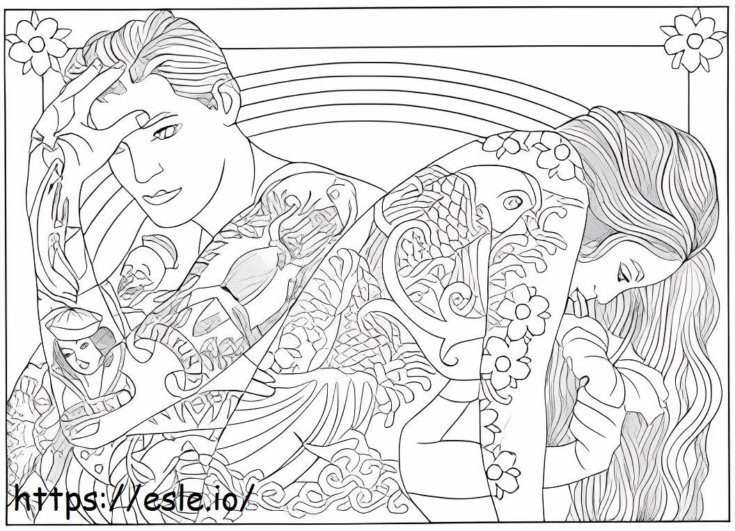 Coloriage Garçon et fille avec tatouage à imprimer dessin
