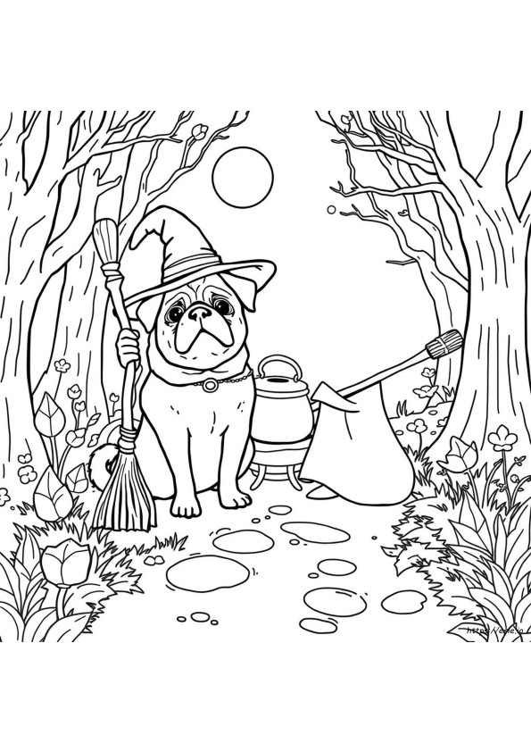 Pug Coloring Page Witch