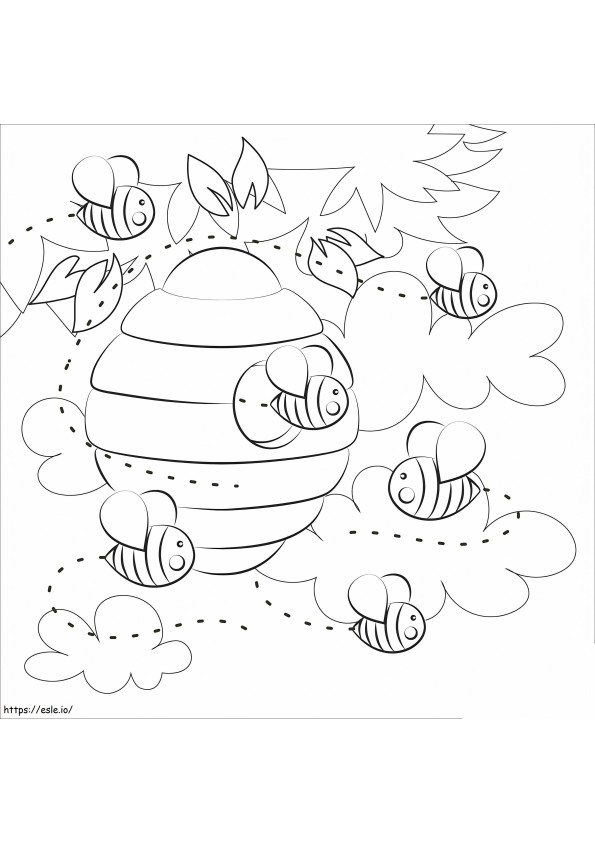 ミツバチと葉のある巣箱 ぬりえ - 塗り絵