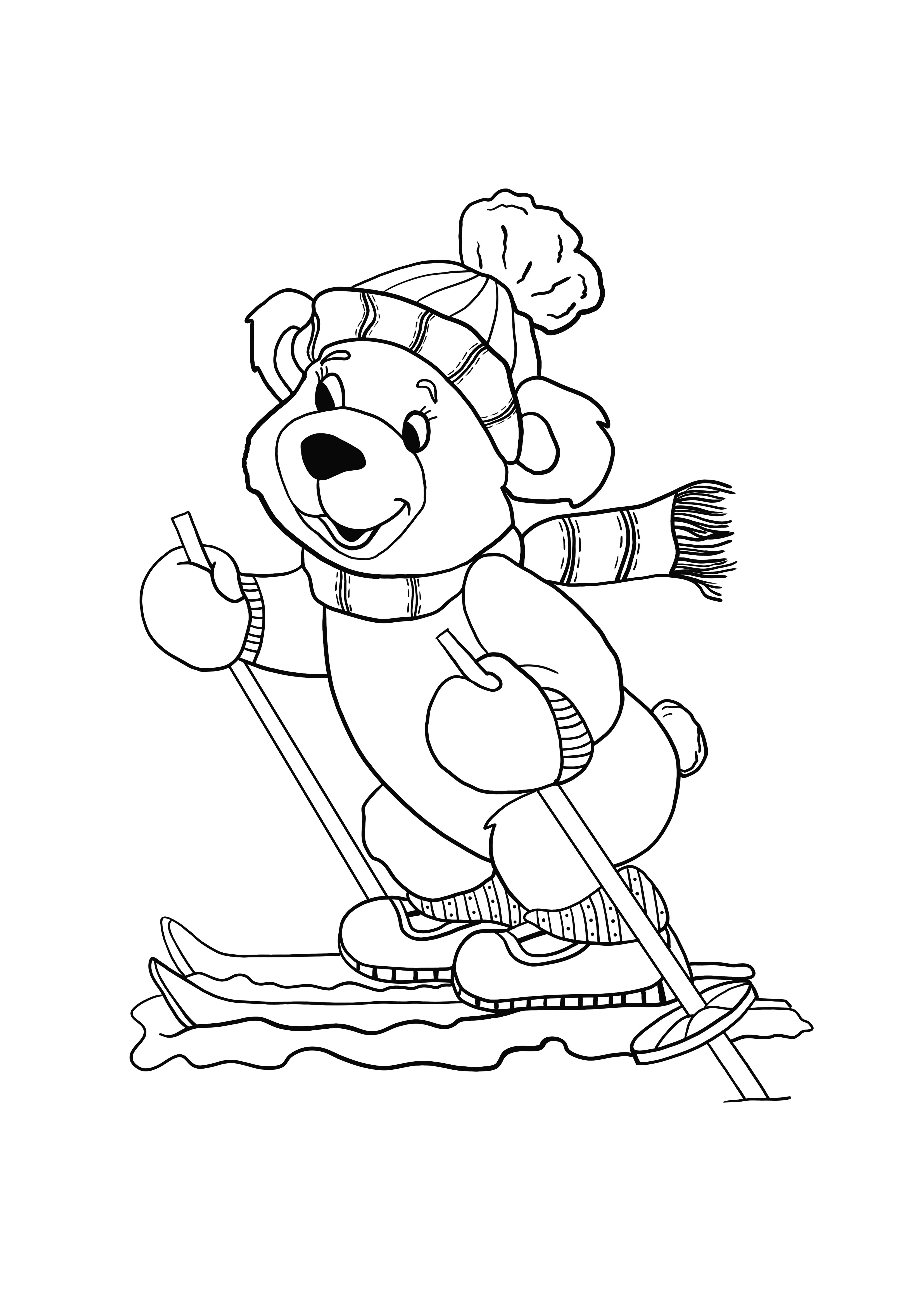 desenho de Urso esquiando no inverno para colorir