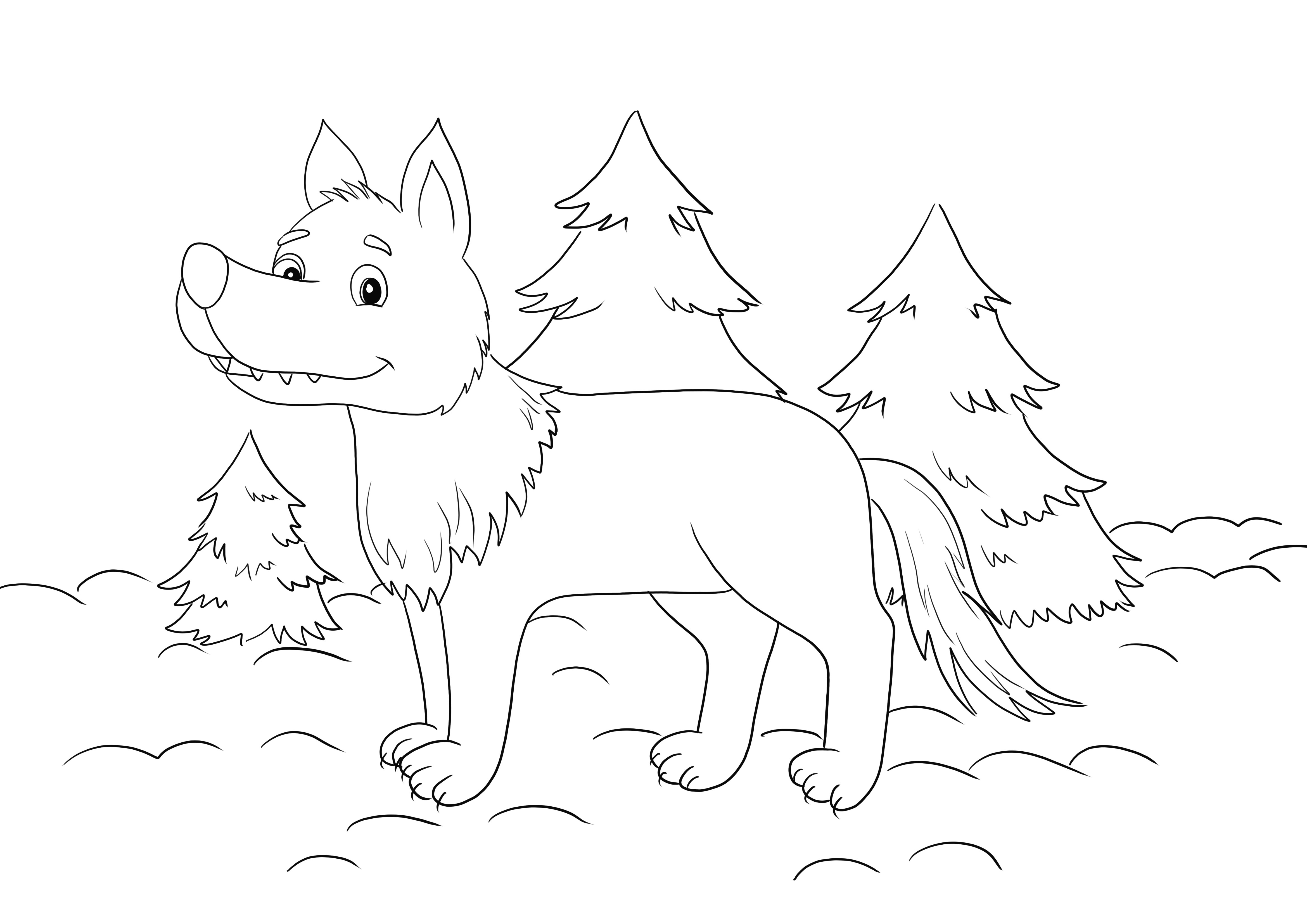 Wolf im Wald zum kostenlosen Ausmalen und Drucken für Kinder, um etwas über Wölfe zu lernen