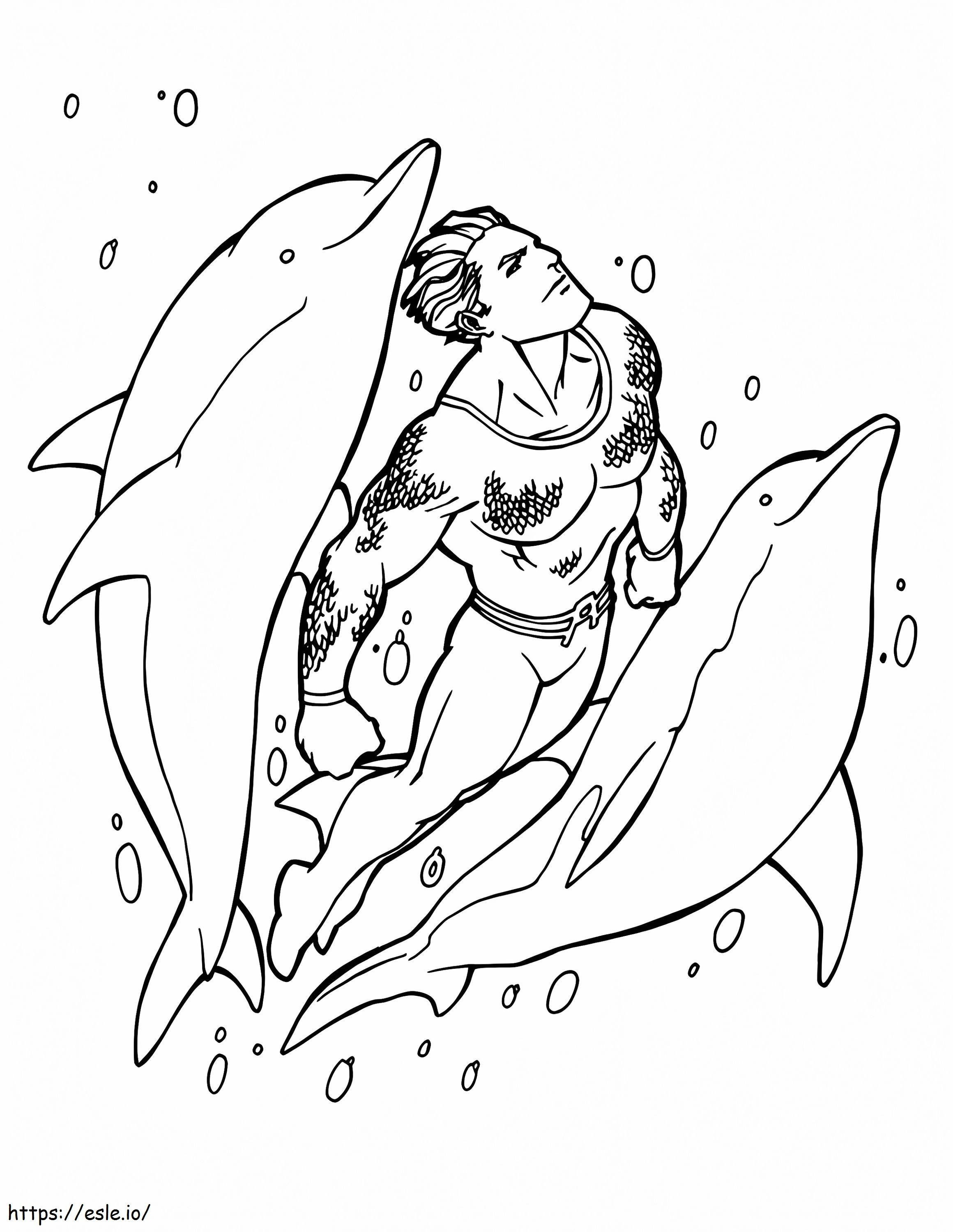 Aquaman nadando y dos delfines para colorear