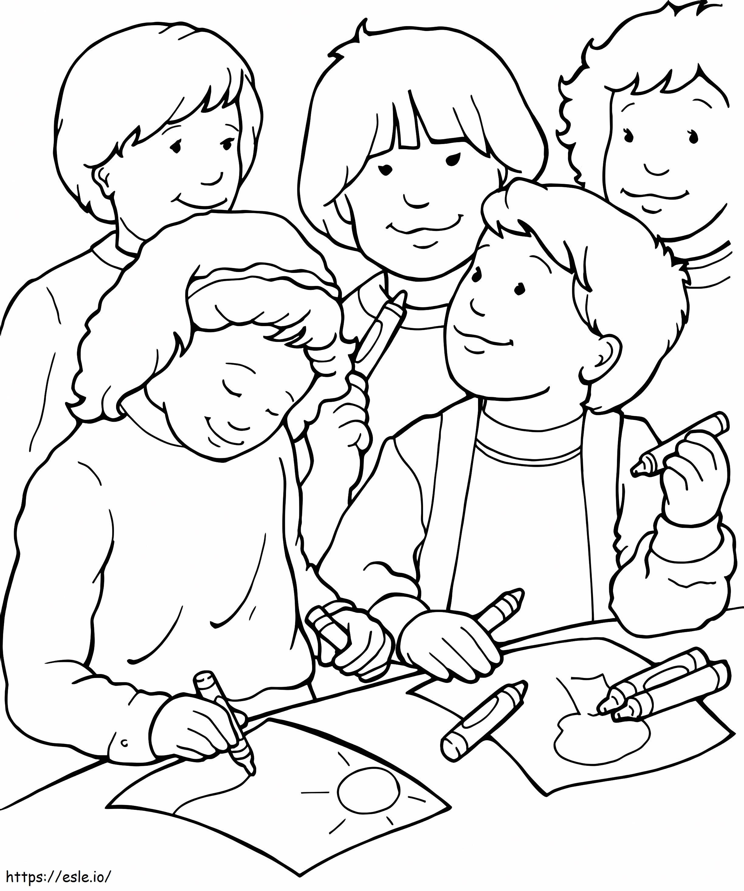 Three Friends Drawing Pictures coloring page
