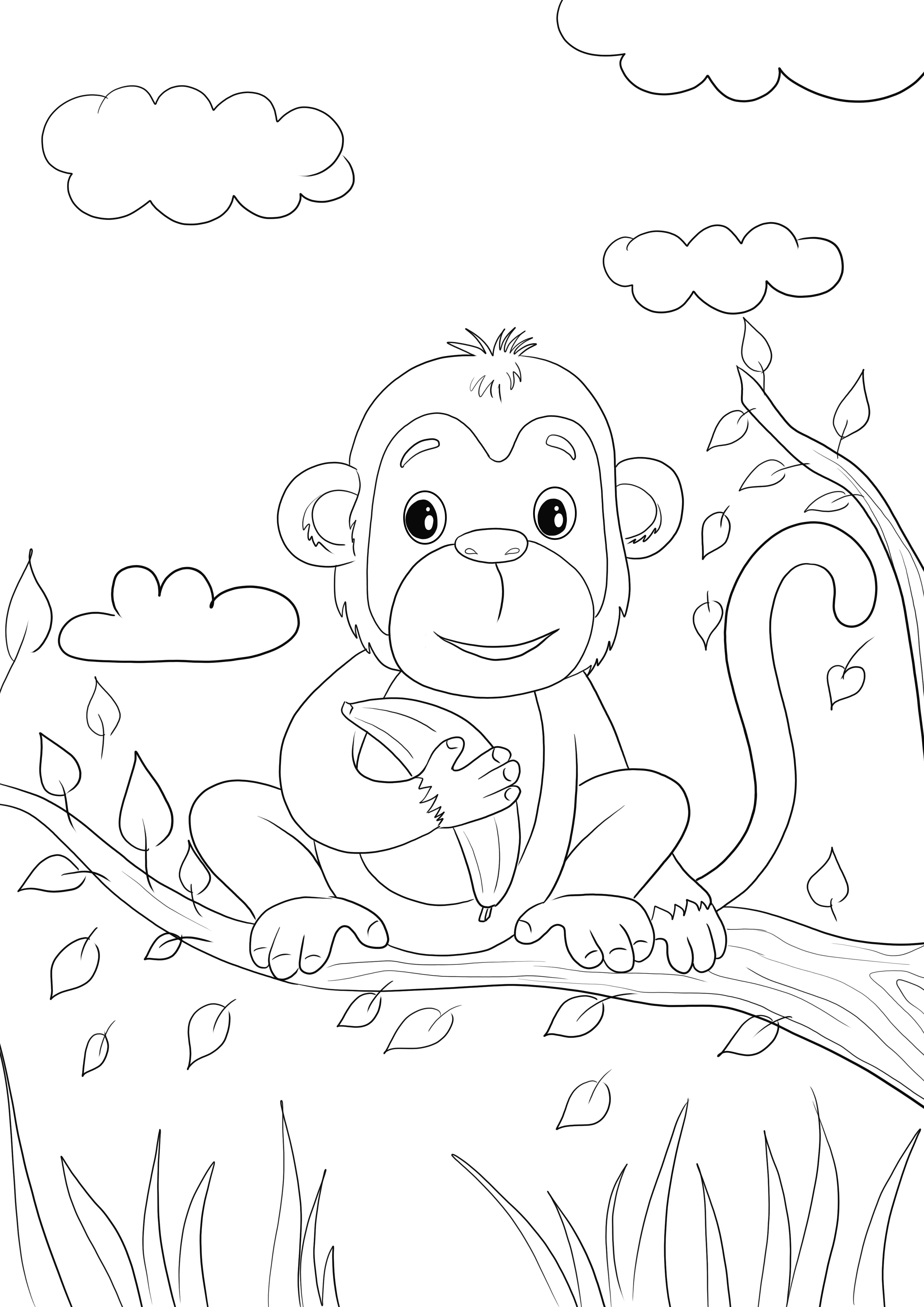 Aquí hay una imagen para colorear de un lindo bebé mono sosteniendo un plátano gratis para imprimir o guardar para más tarde