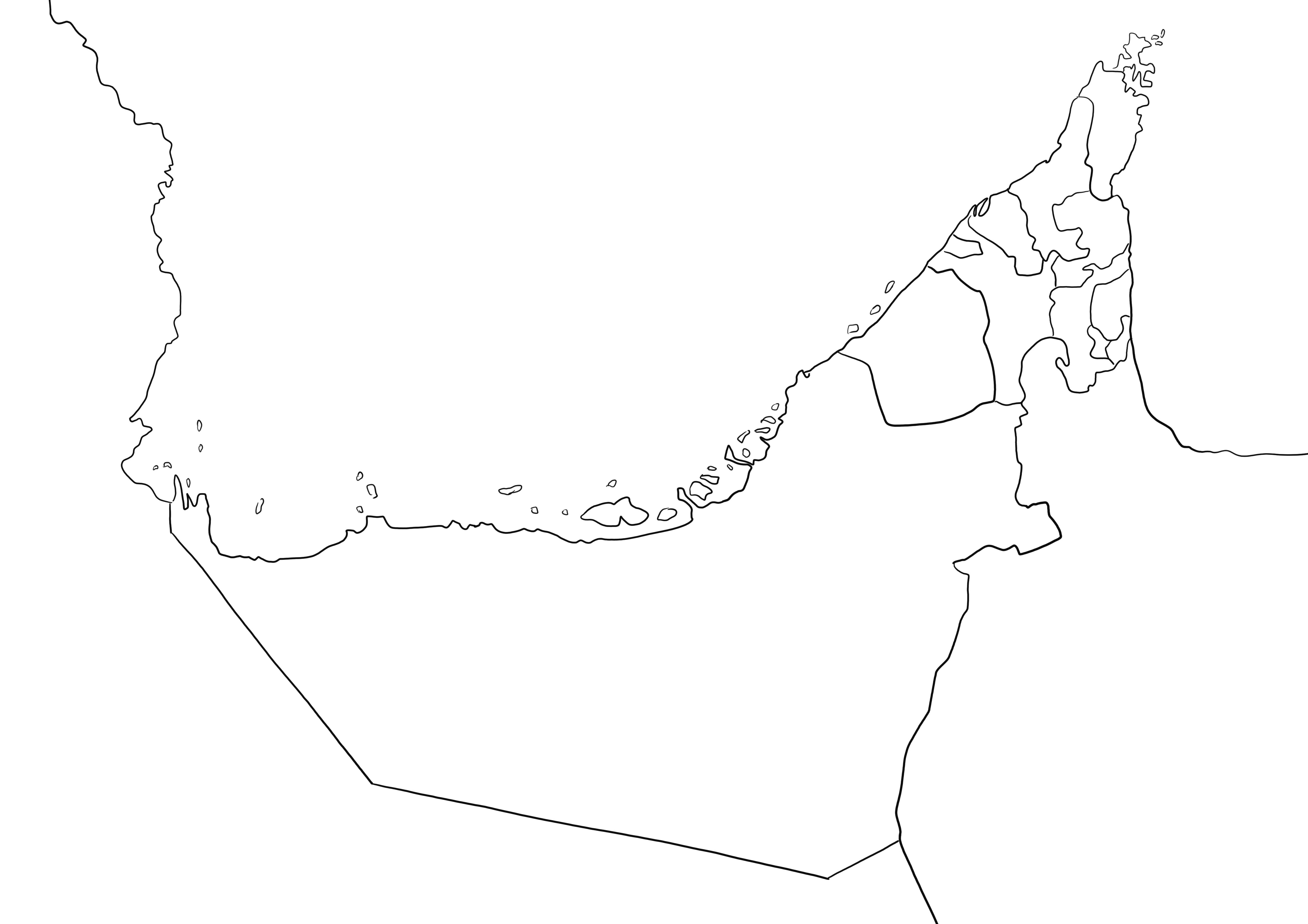 Az Egyesült Arab Emírségek térképe sima oldal, ingyenesen nyomtatható fekete-fehérben, könnyen kiszínezhető a gyerekek számára