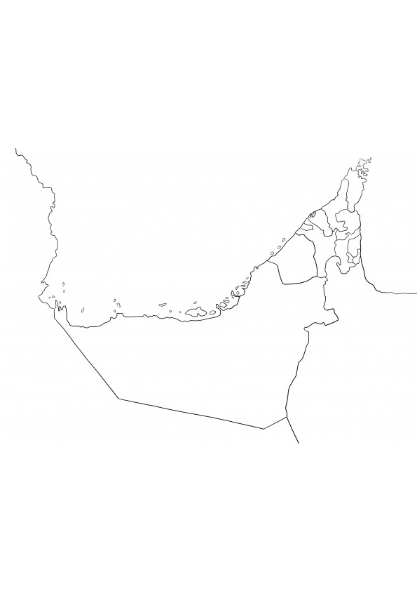 Pagina simplă de hartă a Emiratelor Arabe Unite imprimabilă gratuit în alb-negru, ușor de colorat de către copii