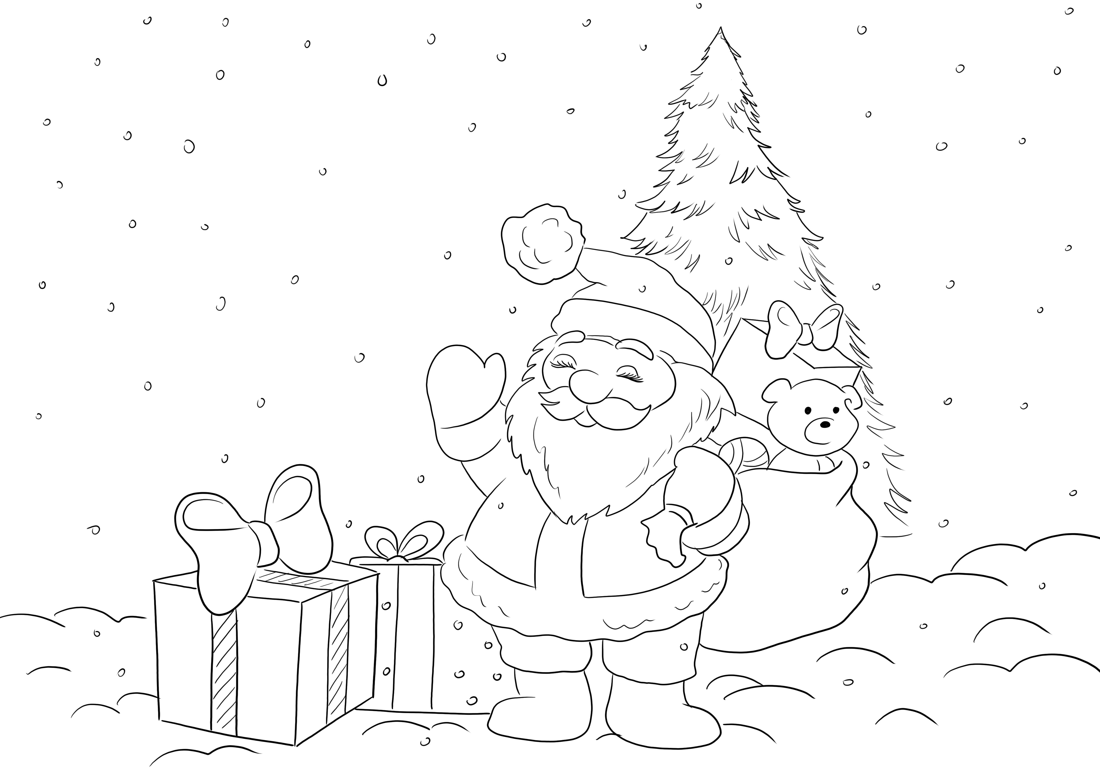 Gratis kleurplaat van de kerstman met cadeautjes die wachten tot alle kinderen met plezier kunnen kleuren kleurplaat