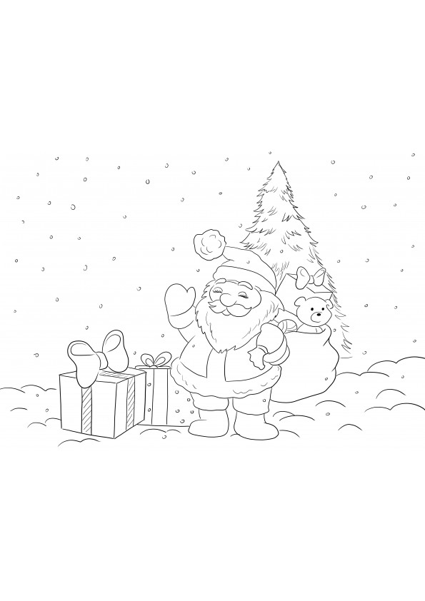 Image à colorier gratuite du Père Noël avec des cadeaux attendant que tous les enfants colorient avec plaisir