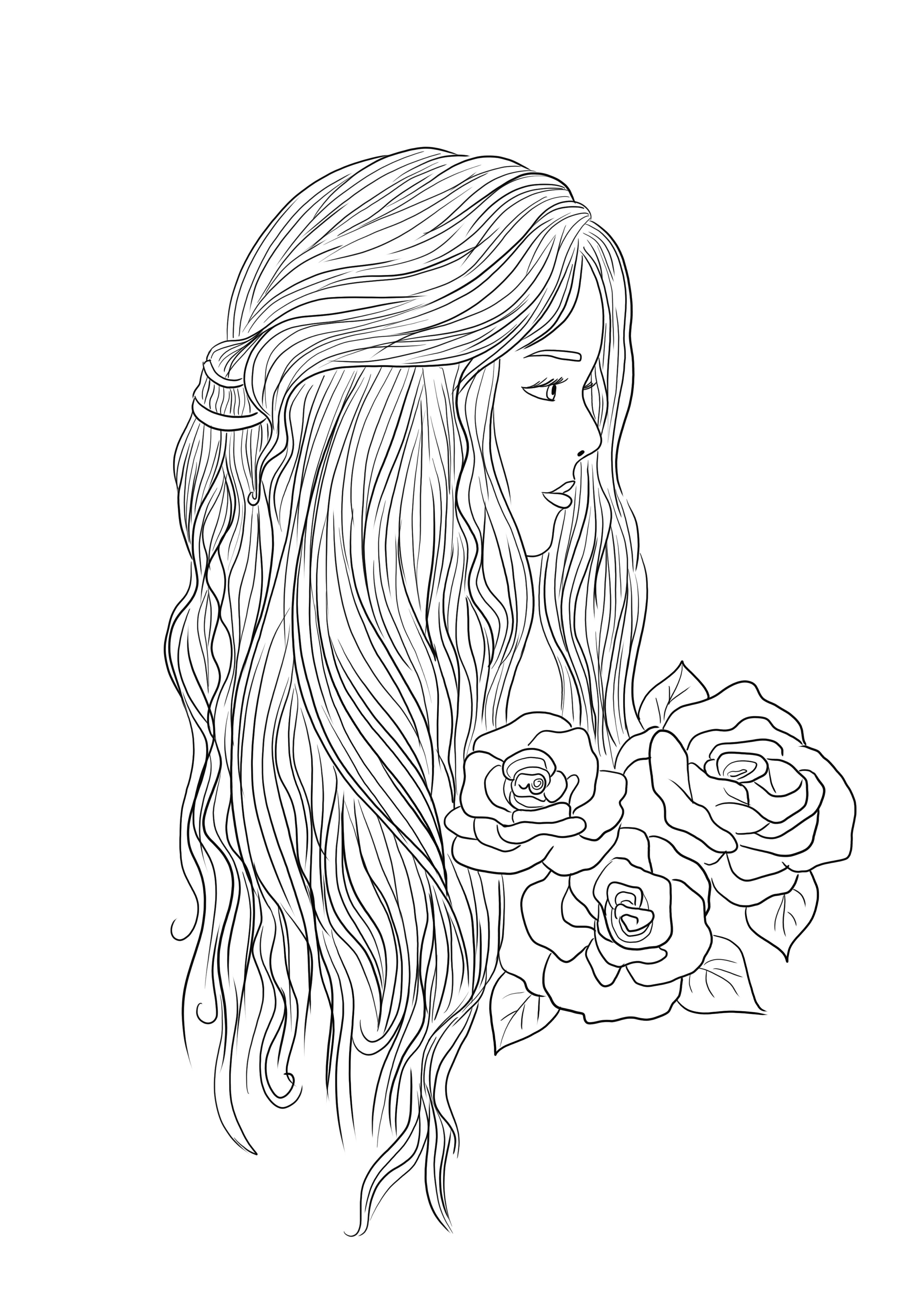 Beautiful woman and roses free printable to color image for kids