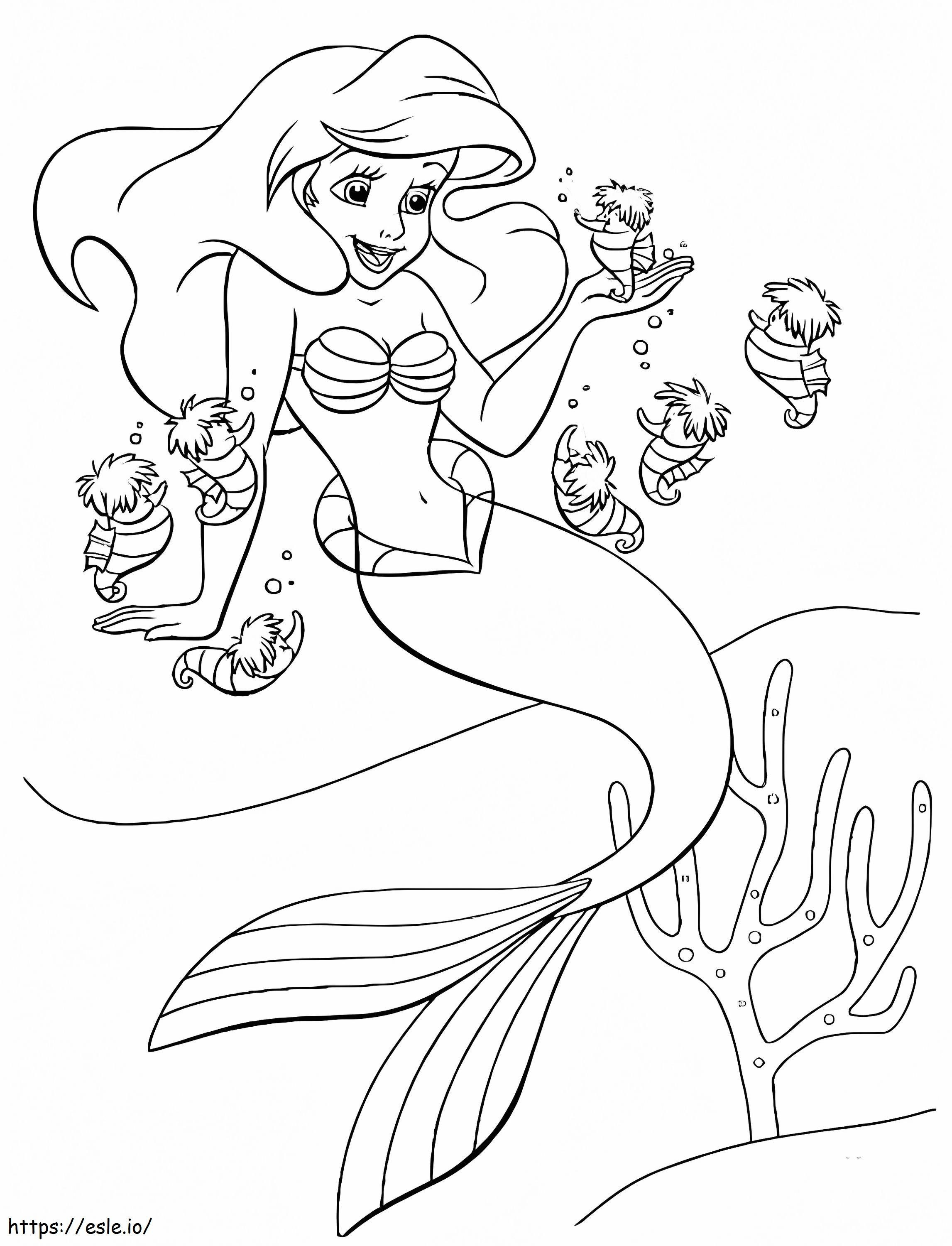  Ariel y caballitos de mar para colorear