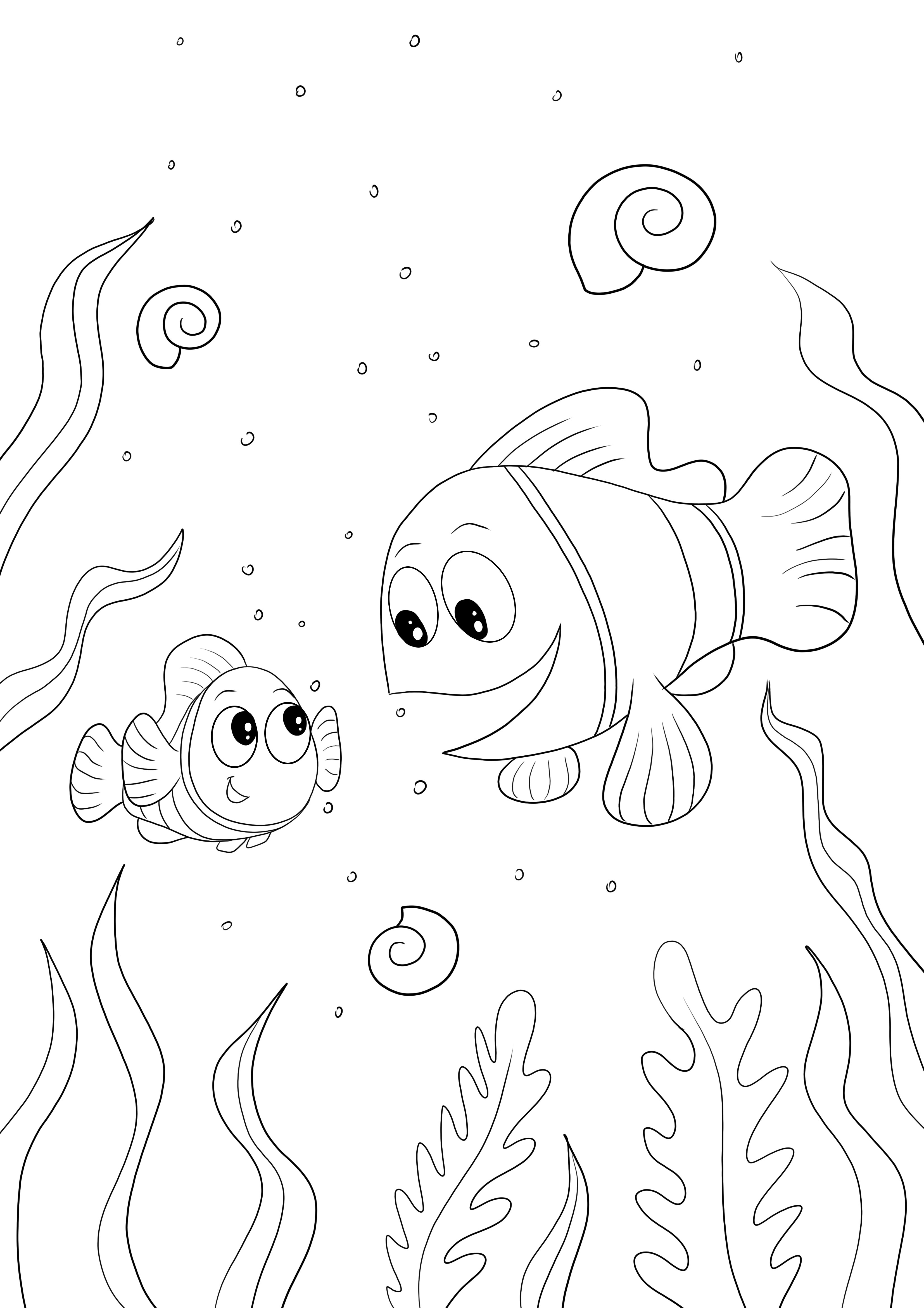 Ücretsiz olarak yazdırmak için Marlin, Dory, Nemo'nun basit ve kolay renklendirilmesi