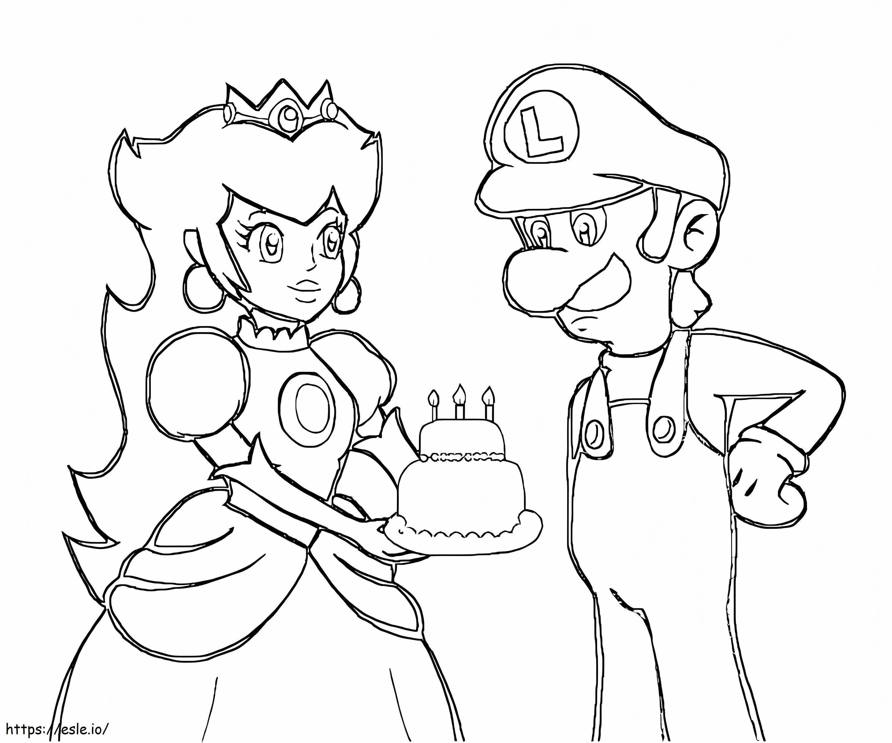 Drawing Peach With Birthday Cake And Luigi coloring page