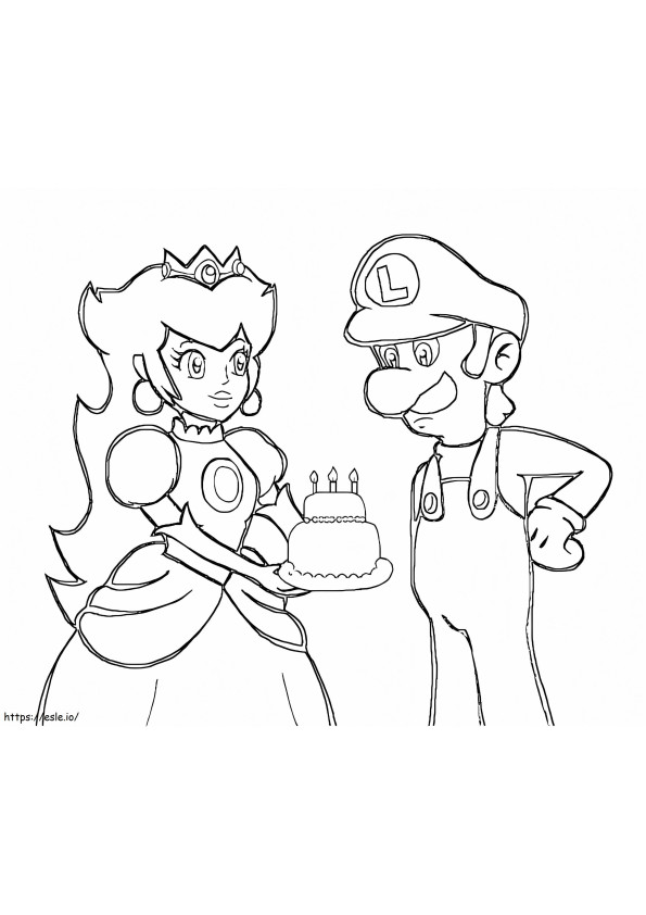 Desenho de pêssego com bolo de aniversário e Luigi para colorir