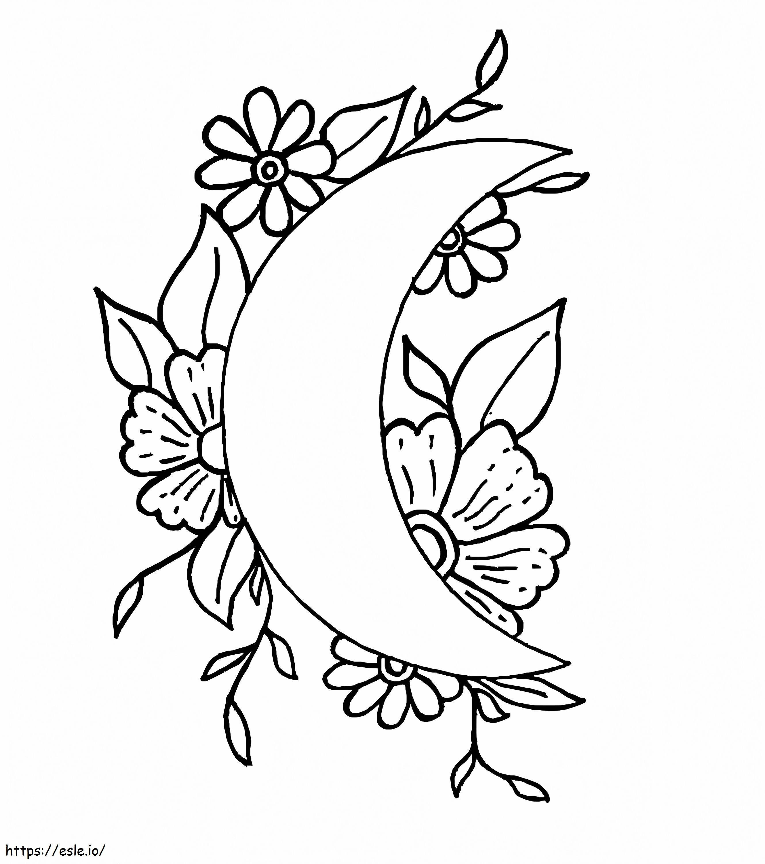 Coloriage Lune avec des fleurs à imprimer dessin