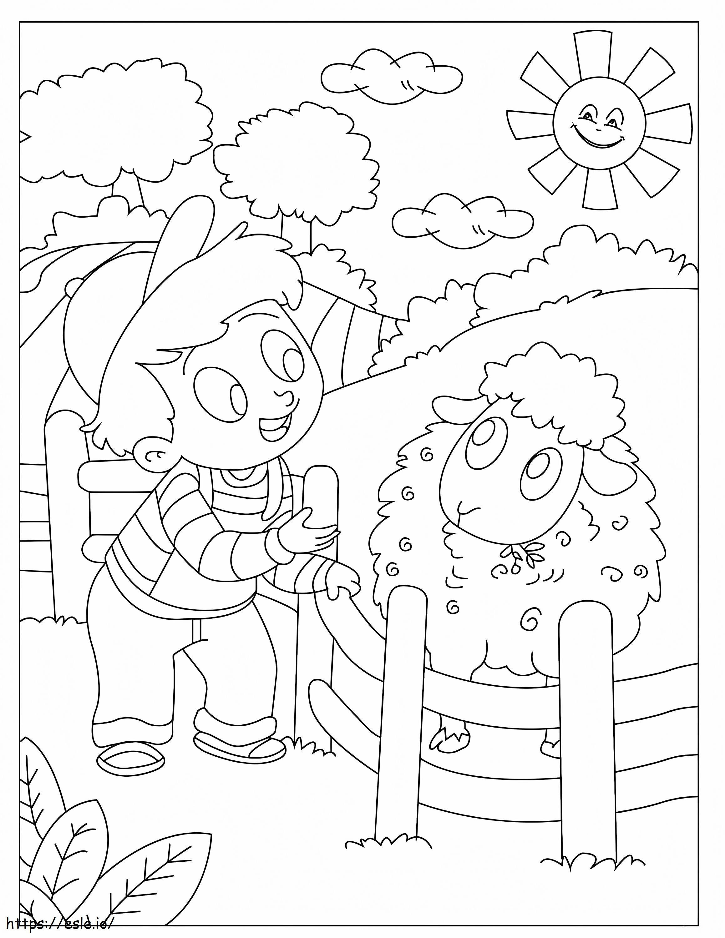 Funny Boy With Sheep coloring page