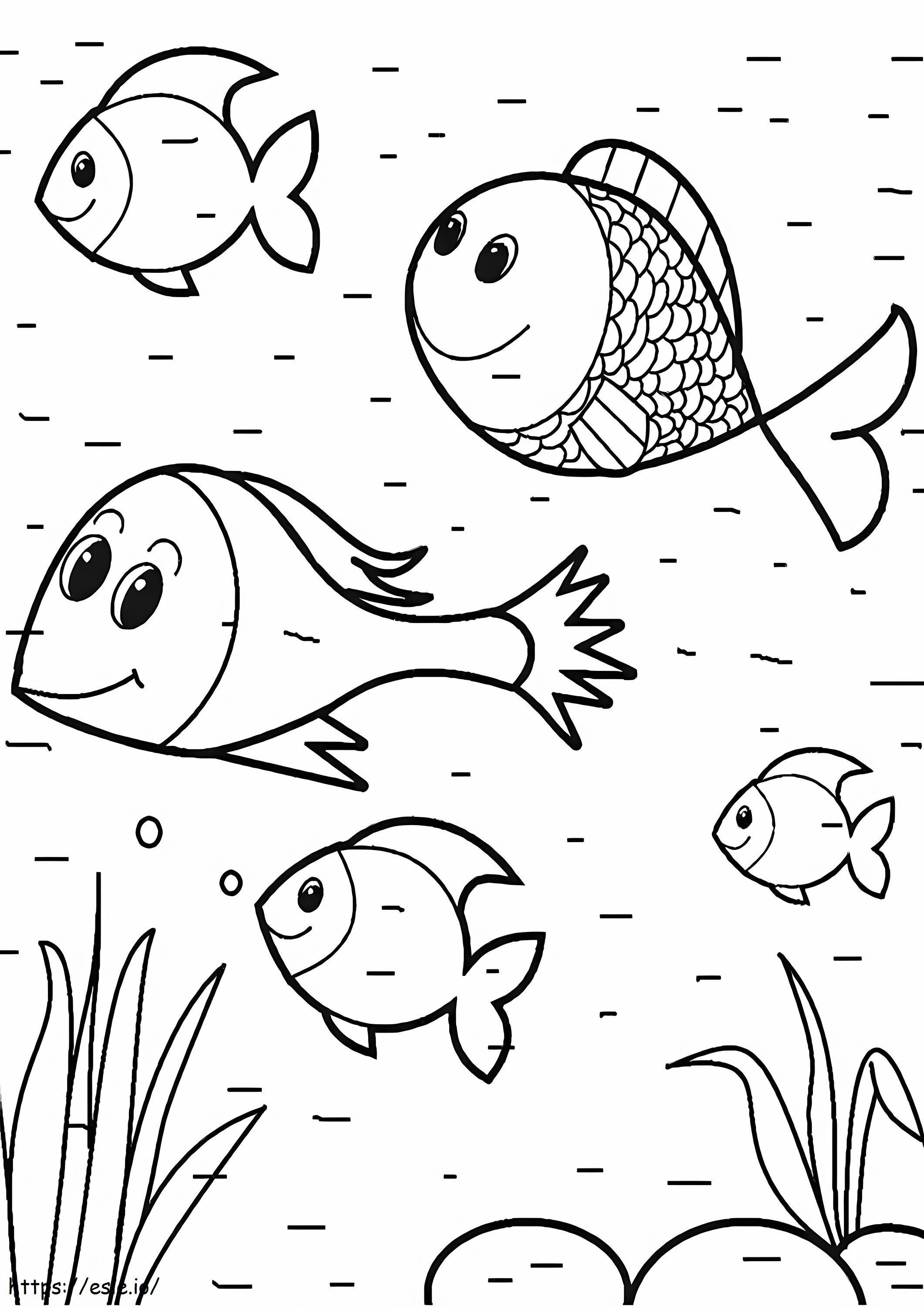 Cinque pesci dei cartoni animati da colorare