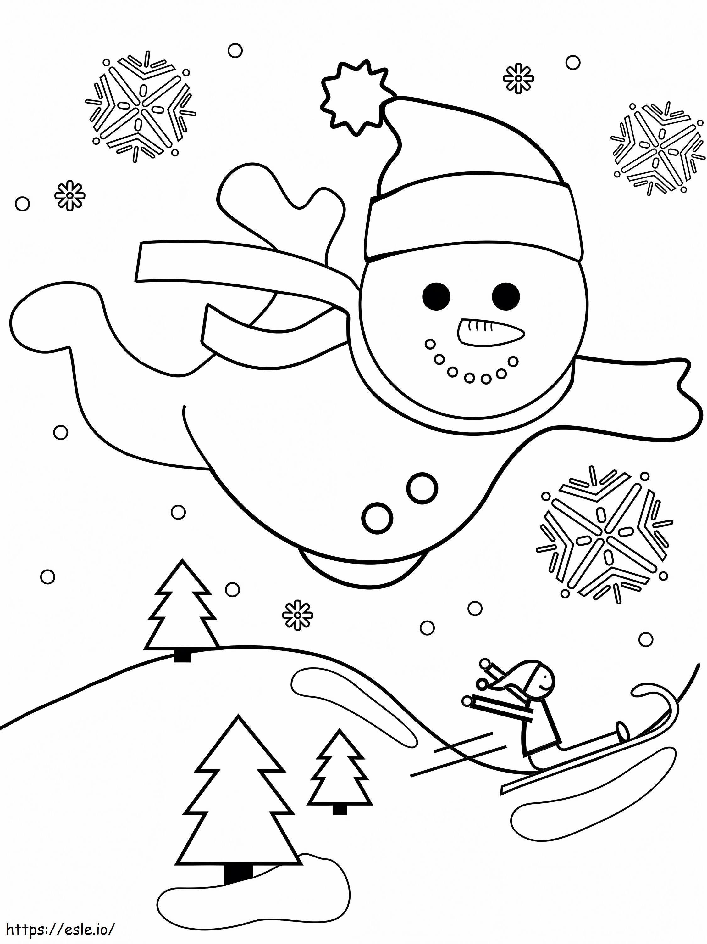 Coloriage Bonhomme de neige volant dans les airs à imprimer dessin