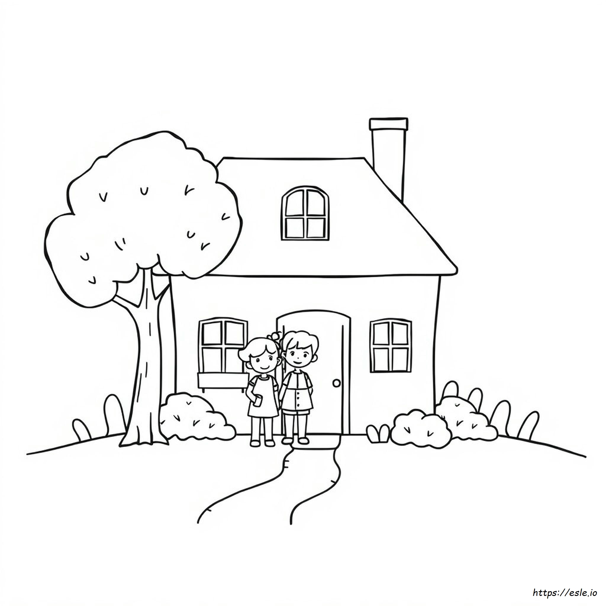 House With People Coloring Page