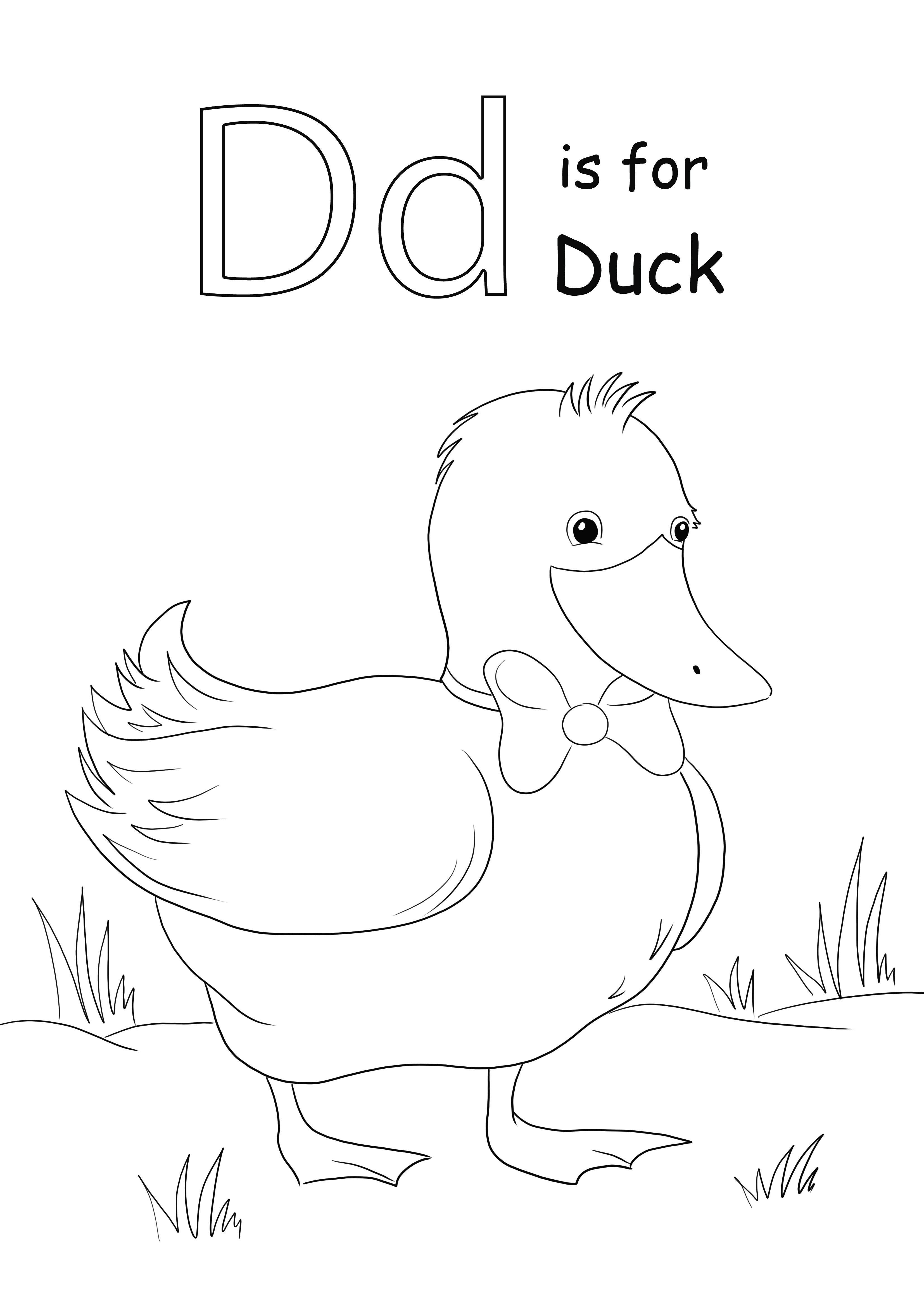 A impressão gratuita da imagem de coloração da letra D é para o pato para as crianças aprenderem facilmente