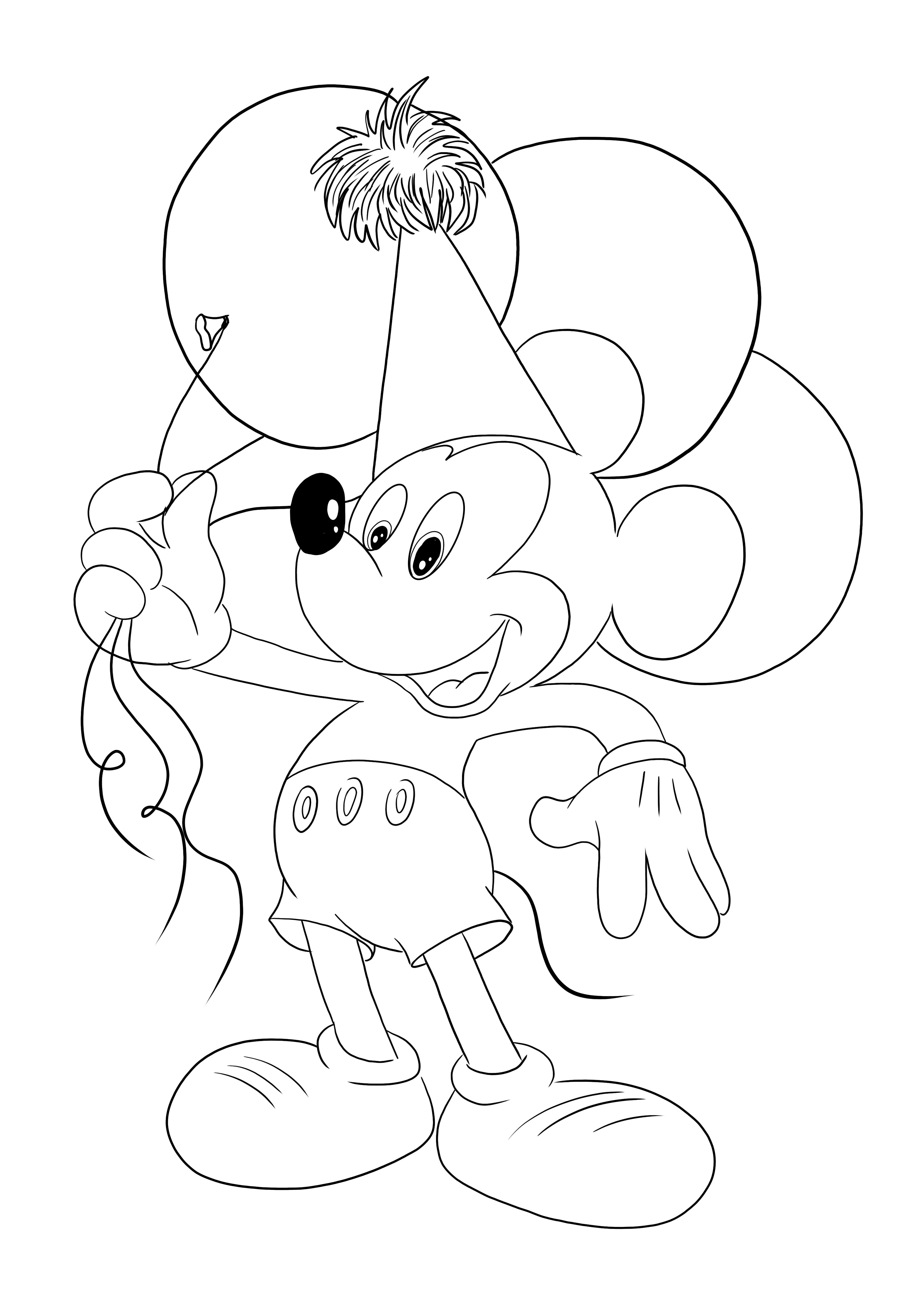 Myszka Miki z balonami, którą dzieci mogą łatwo wydrukować i pokolorować