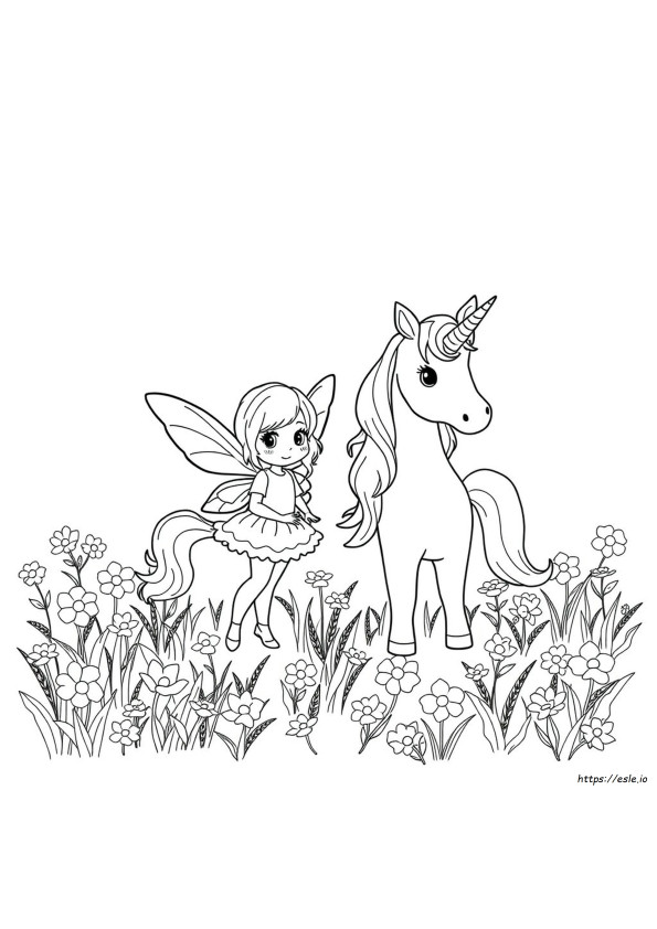 かわいい妖精とユニコーンのぬりえ