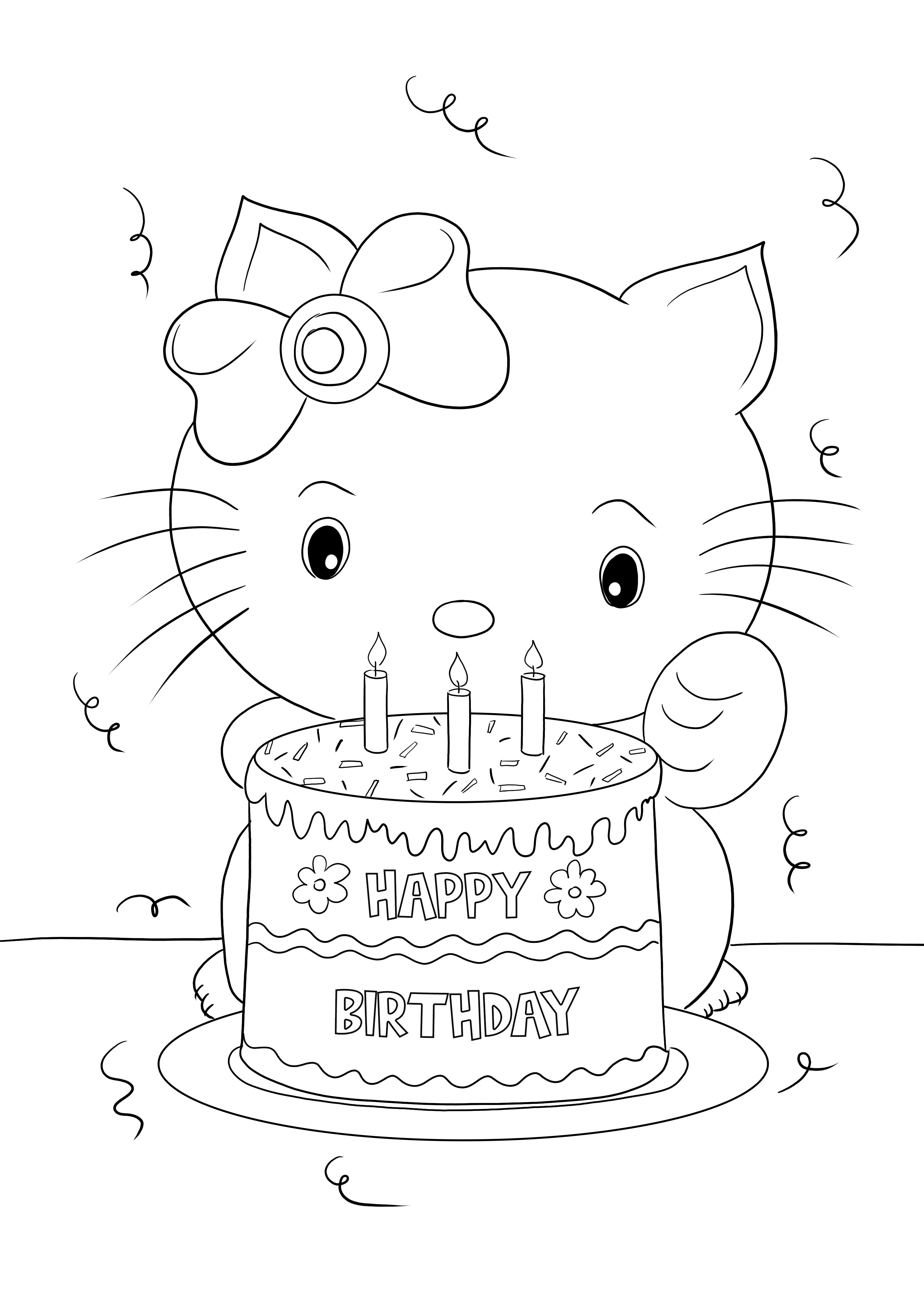 Kolorowanka Happy Birthday Hello Kitty do wydrukowania za darmo do kolorowania i nauki przez zabawę