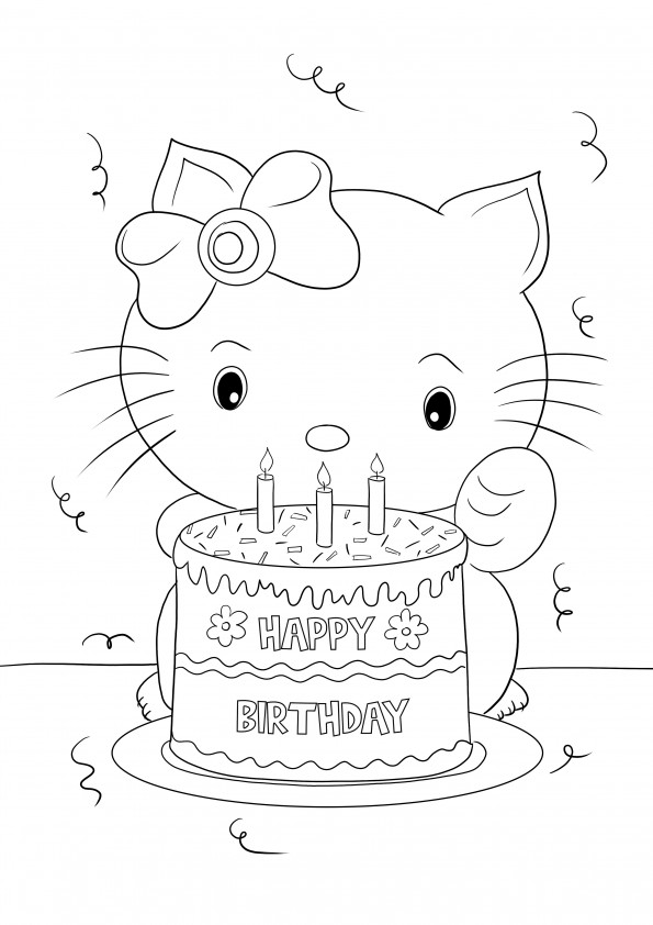 Kostenloser Ausdruck von Happy Birthday Hello Kitty zum Ausmalen und Lernen mit Spaß