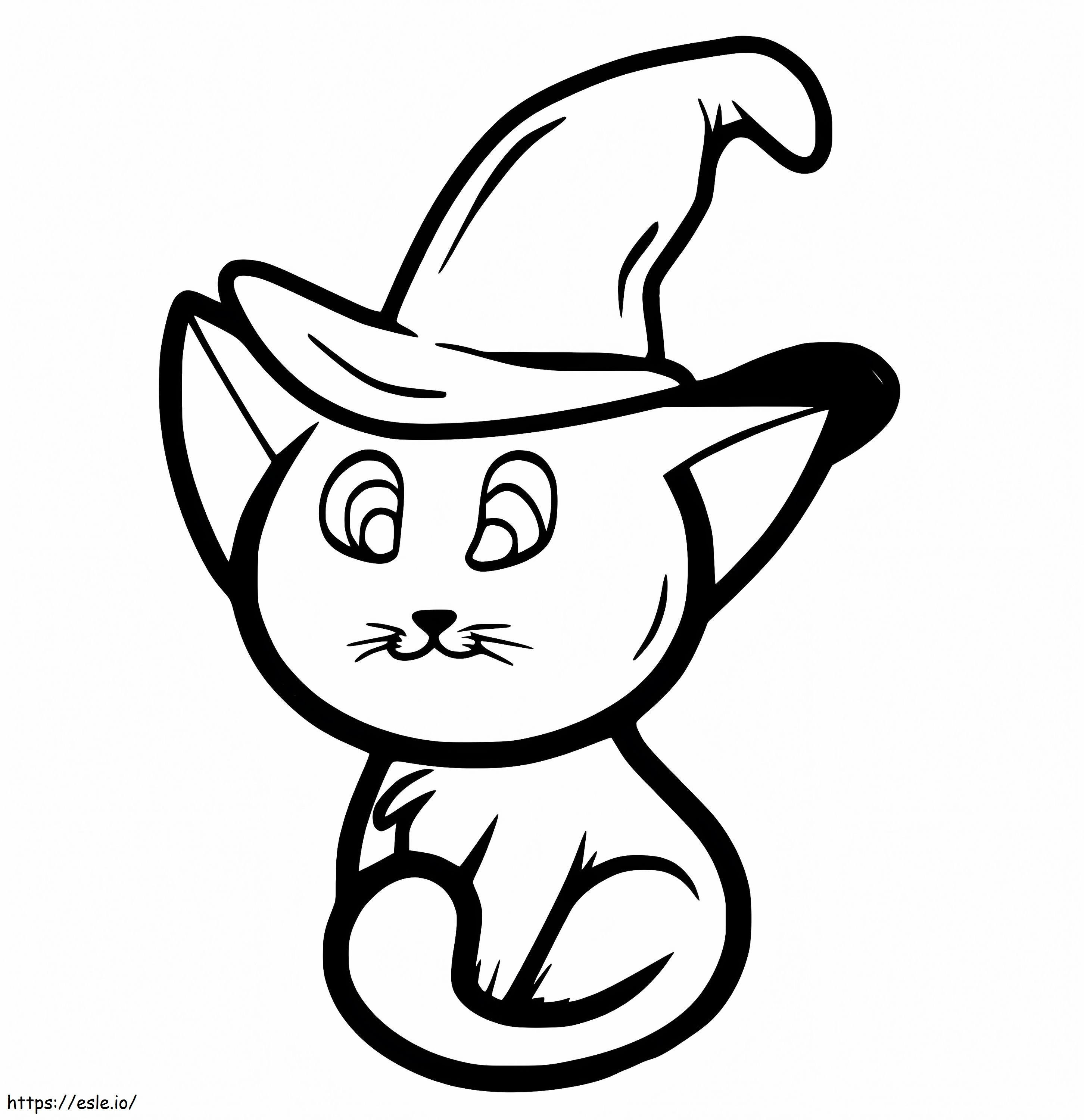 Gatito con sombrero de bruja para colorear