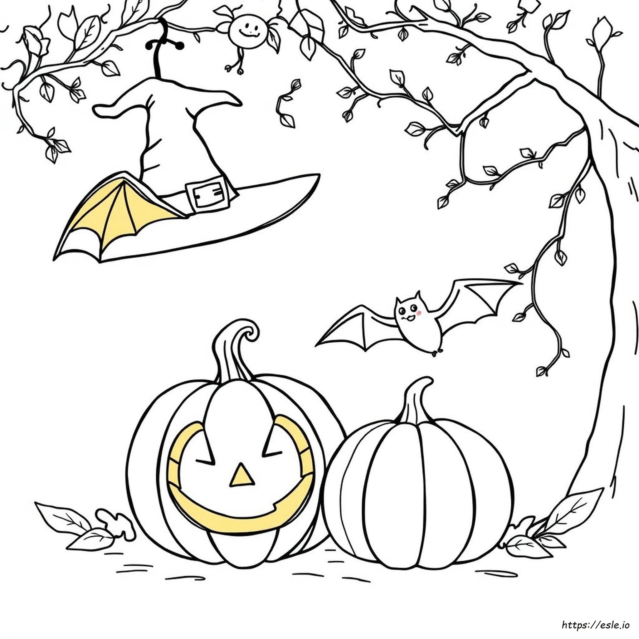 Halloween Pumpkin And Bat Coloring Page