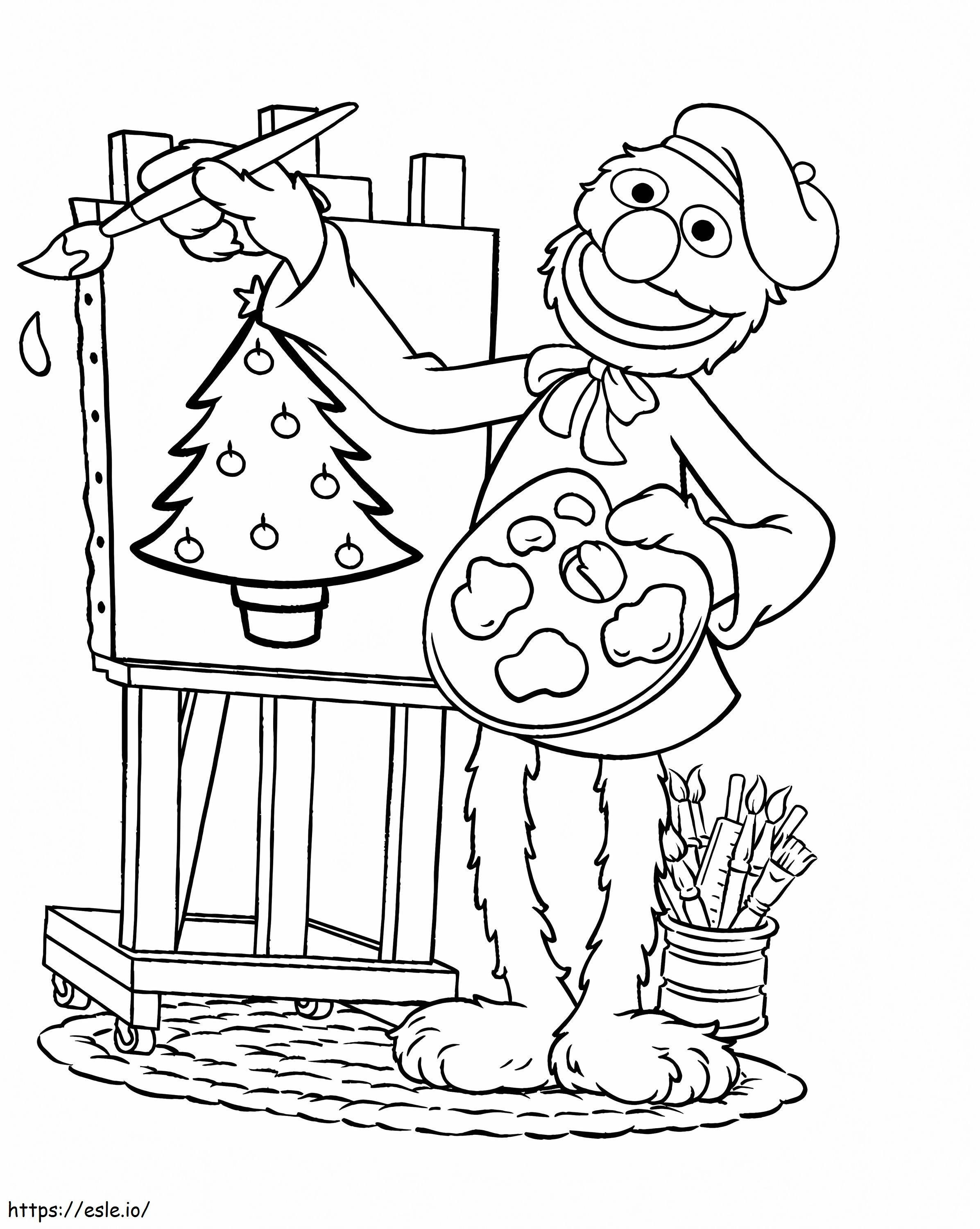 Grover maalaa joulukuusen värityskuva