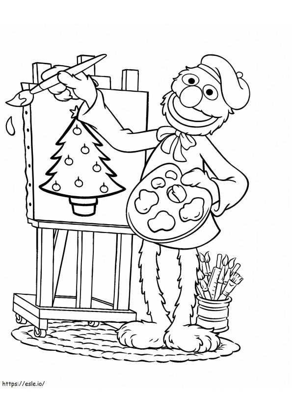 Grover pictează Pomul de Crăciun de colorat