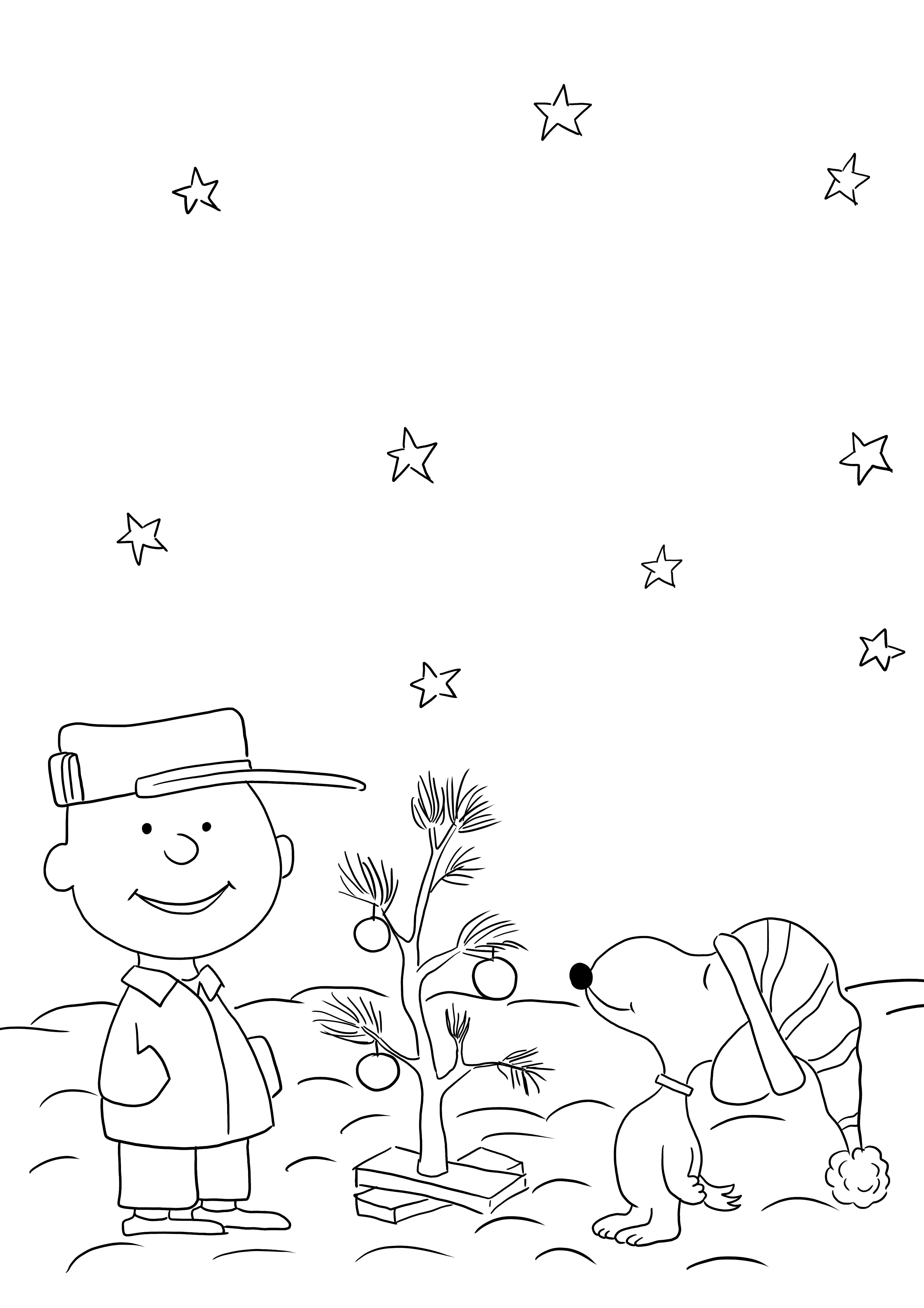 Charlie Brown curtindo a folha de colorir imprimível sem árvore de Natal  para crianças
