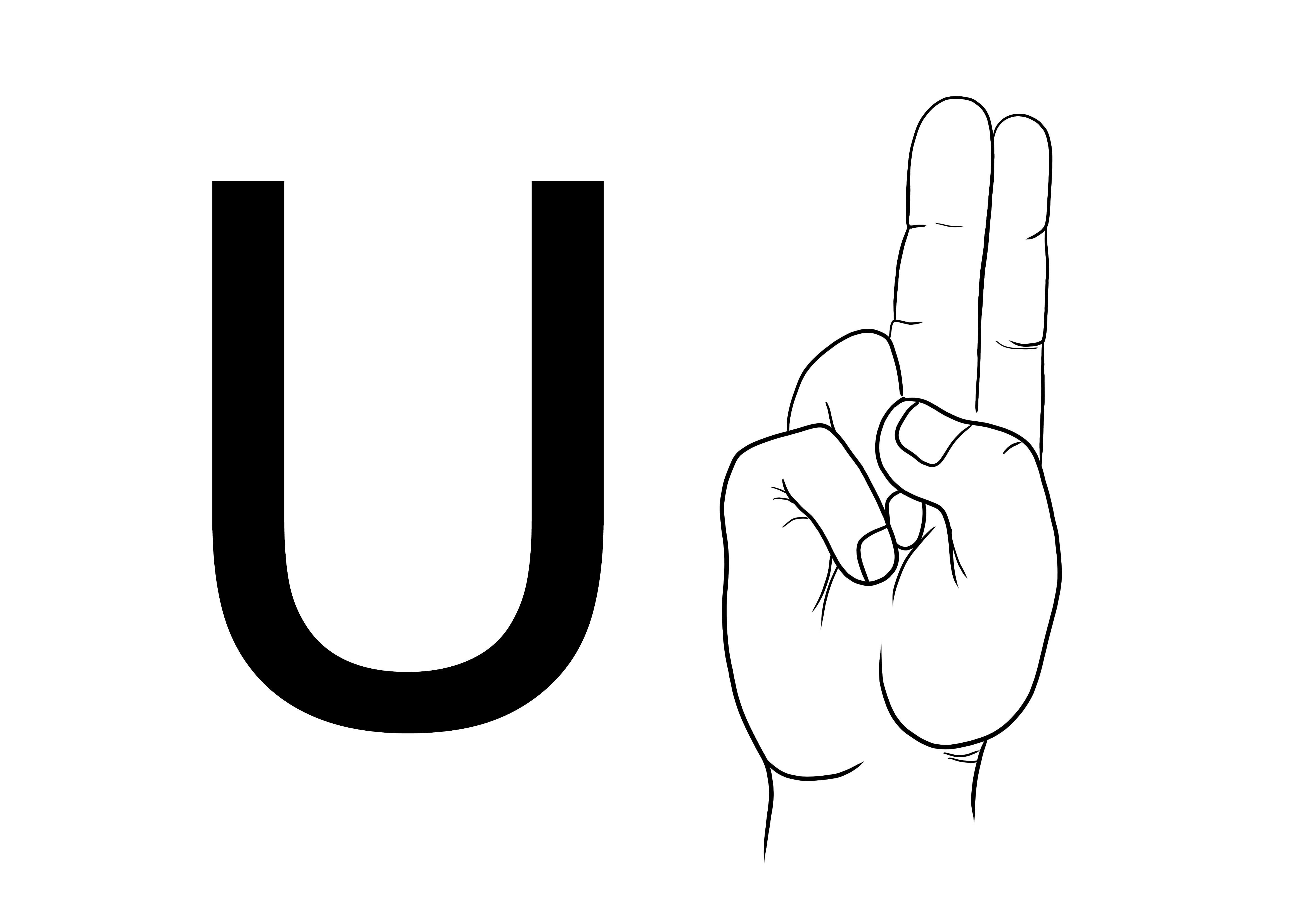 Dibujo de Letra U en Lengua de Signos ASL para imprimir gratis