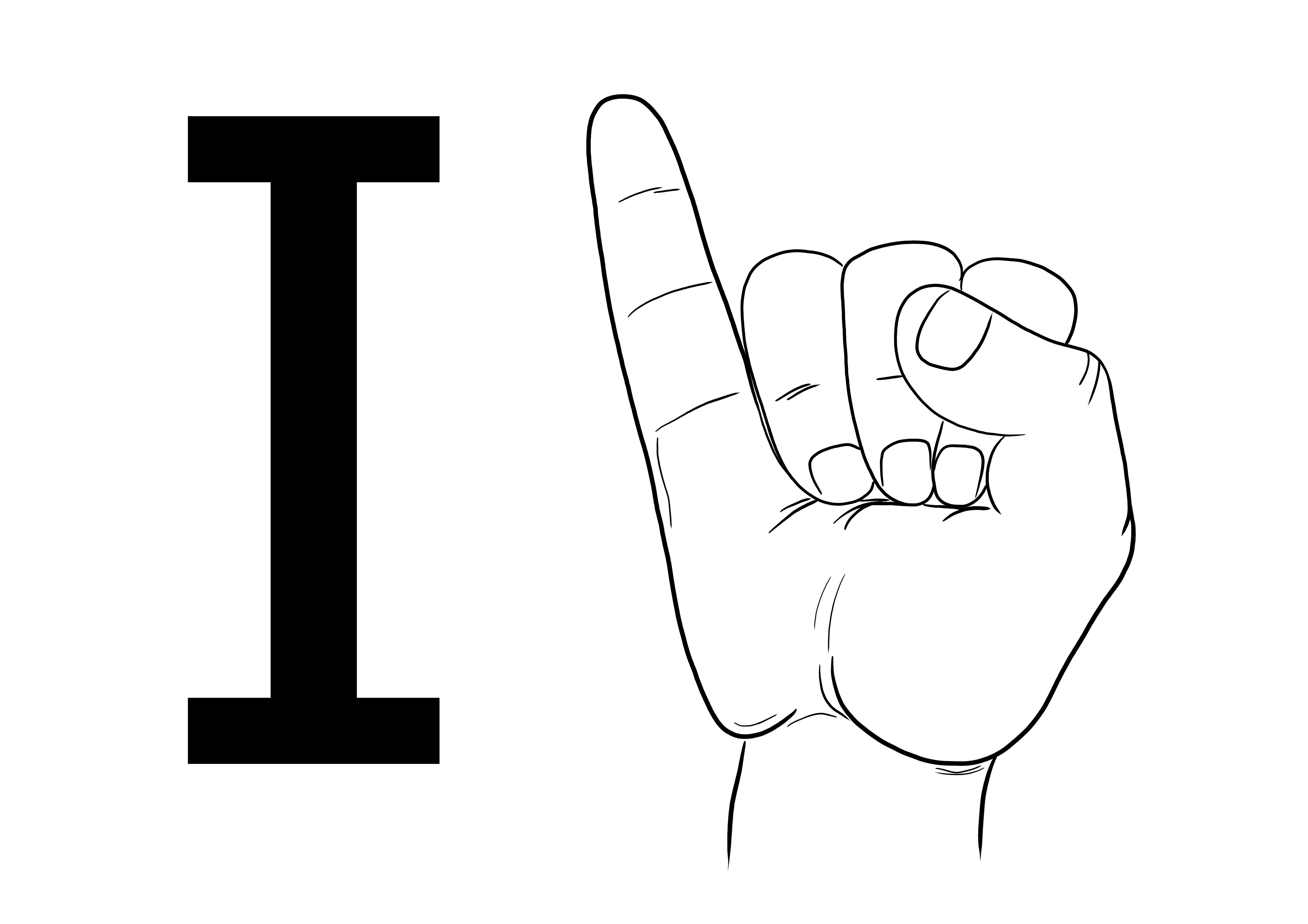 Värityssivu, jonka voit tulostaa tai ladata ilmaiseksi ASL-viittomakielen kirjaimelle I oppiaksesi aakkosten