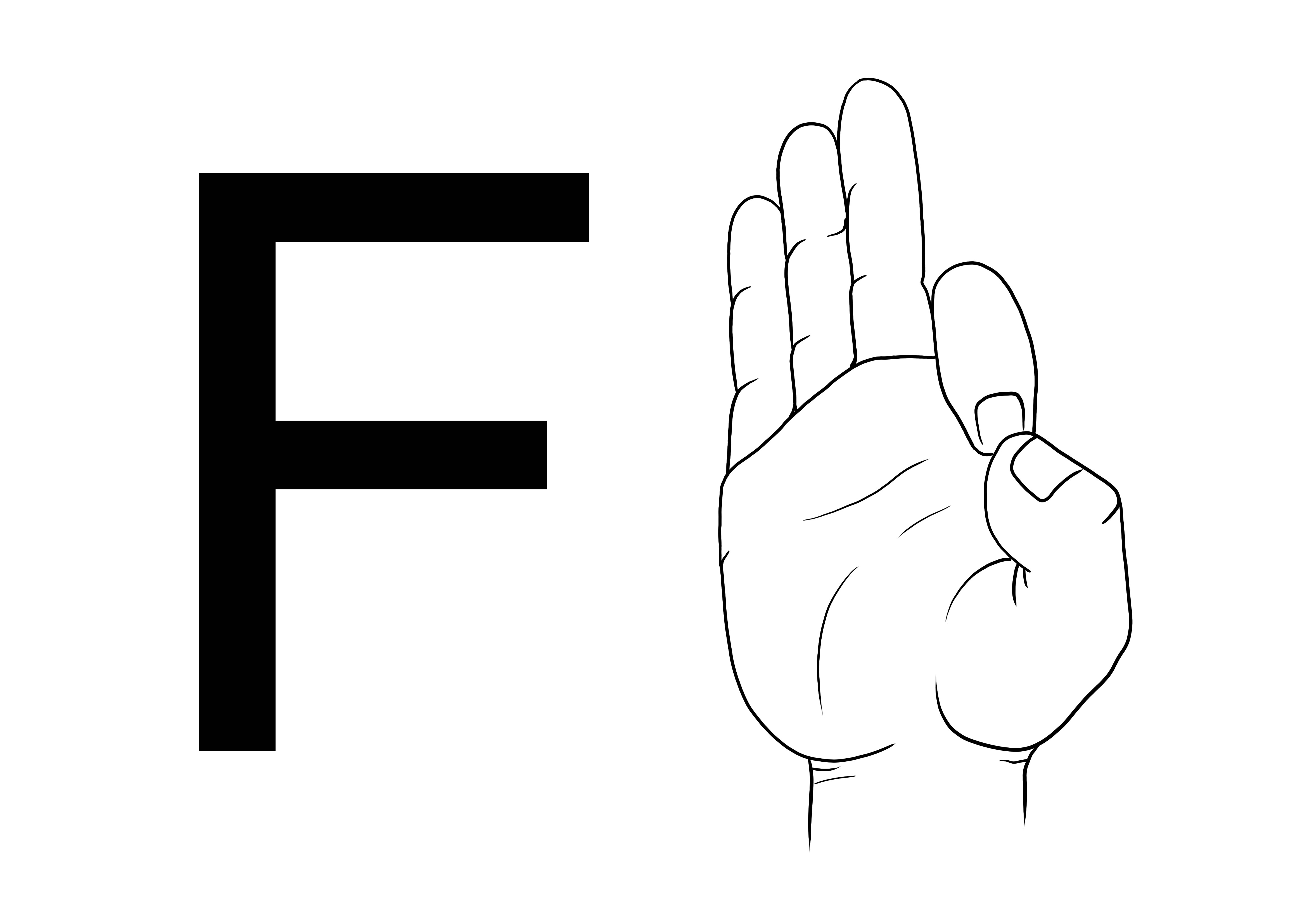 無料でシンプルなぬりえシートを印刷するための簡単な ASL 手話文字 F