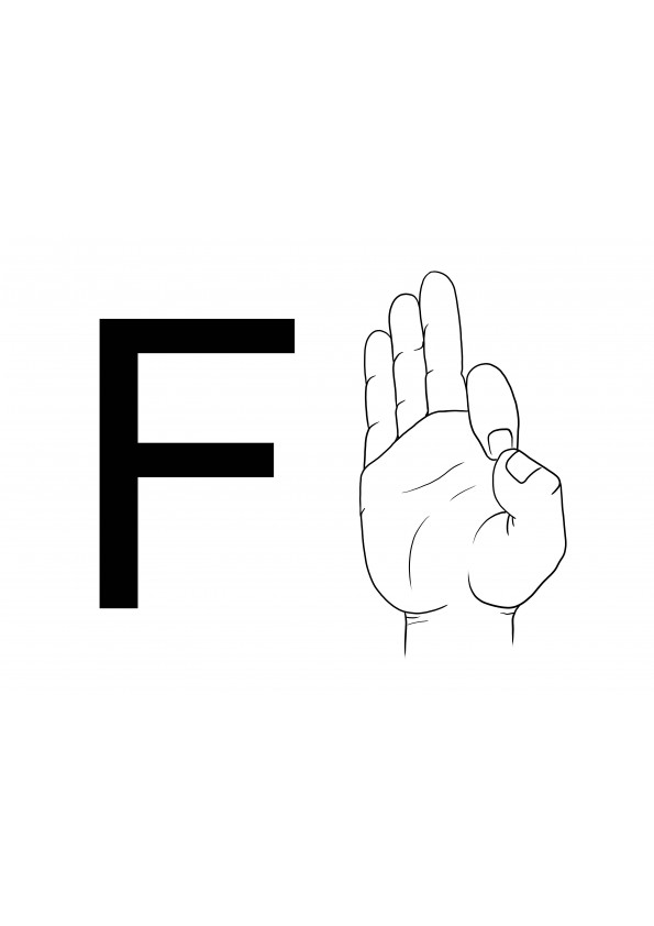 Literă F ușor de imprimat în limbajul semnelor ASL pentru o foaie de colorat gratuită și simplă