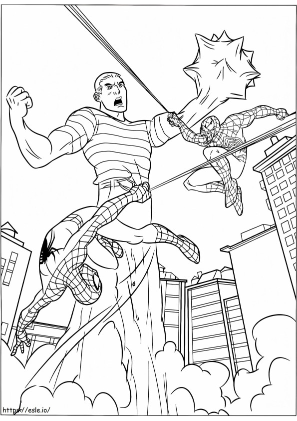 Coloriage Spiderman contre Sandman et Venom à imprimer dessin