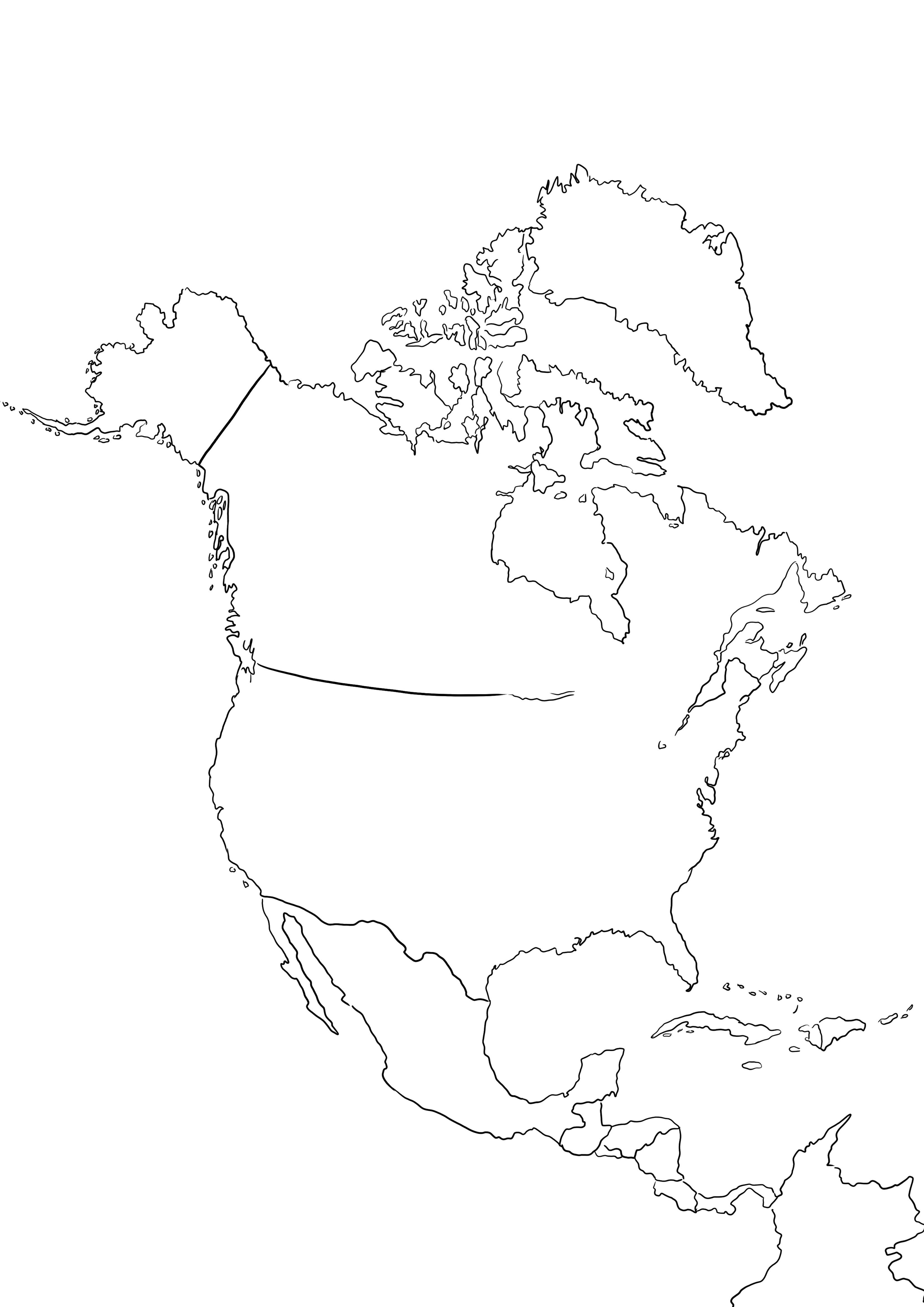 Mappa del Nord America stampabile gratuitamente e immagine da colorare per far conoscere ai bambini i paesi