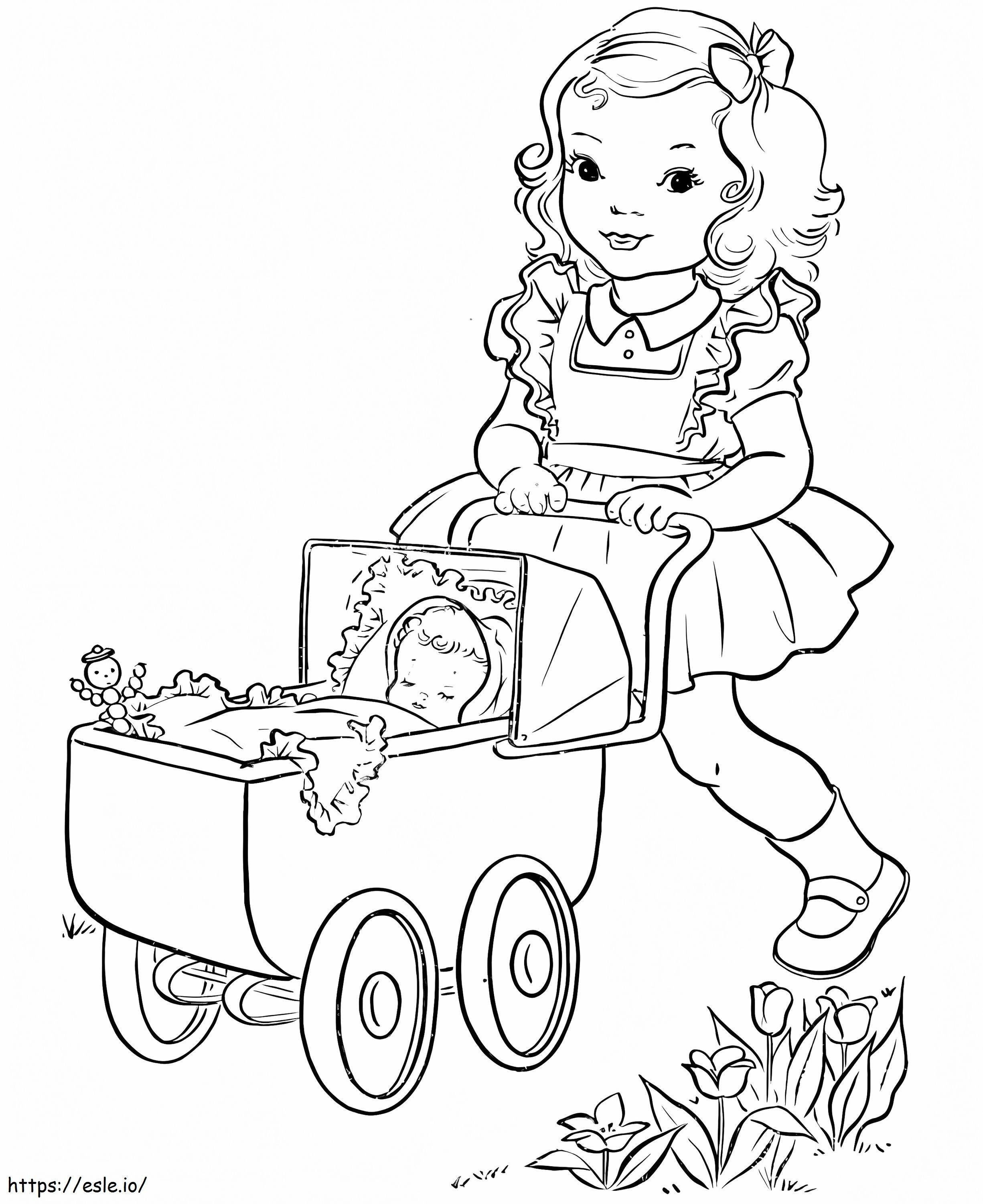 Un copil într-un cărucior de colorat