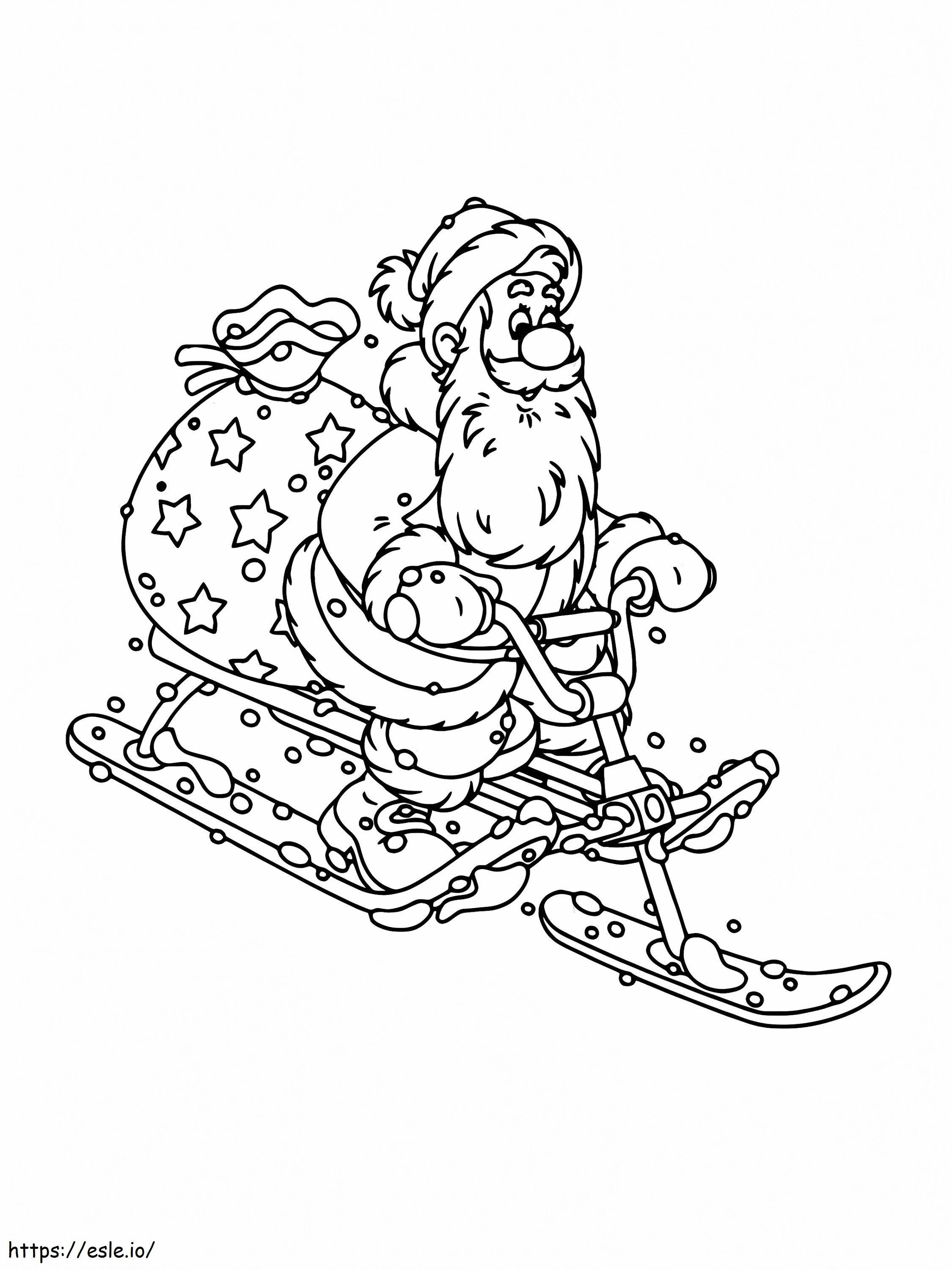 Papai Noel esquiando com presentes para colorir