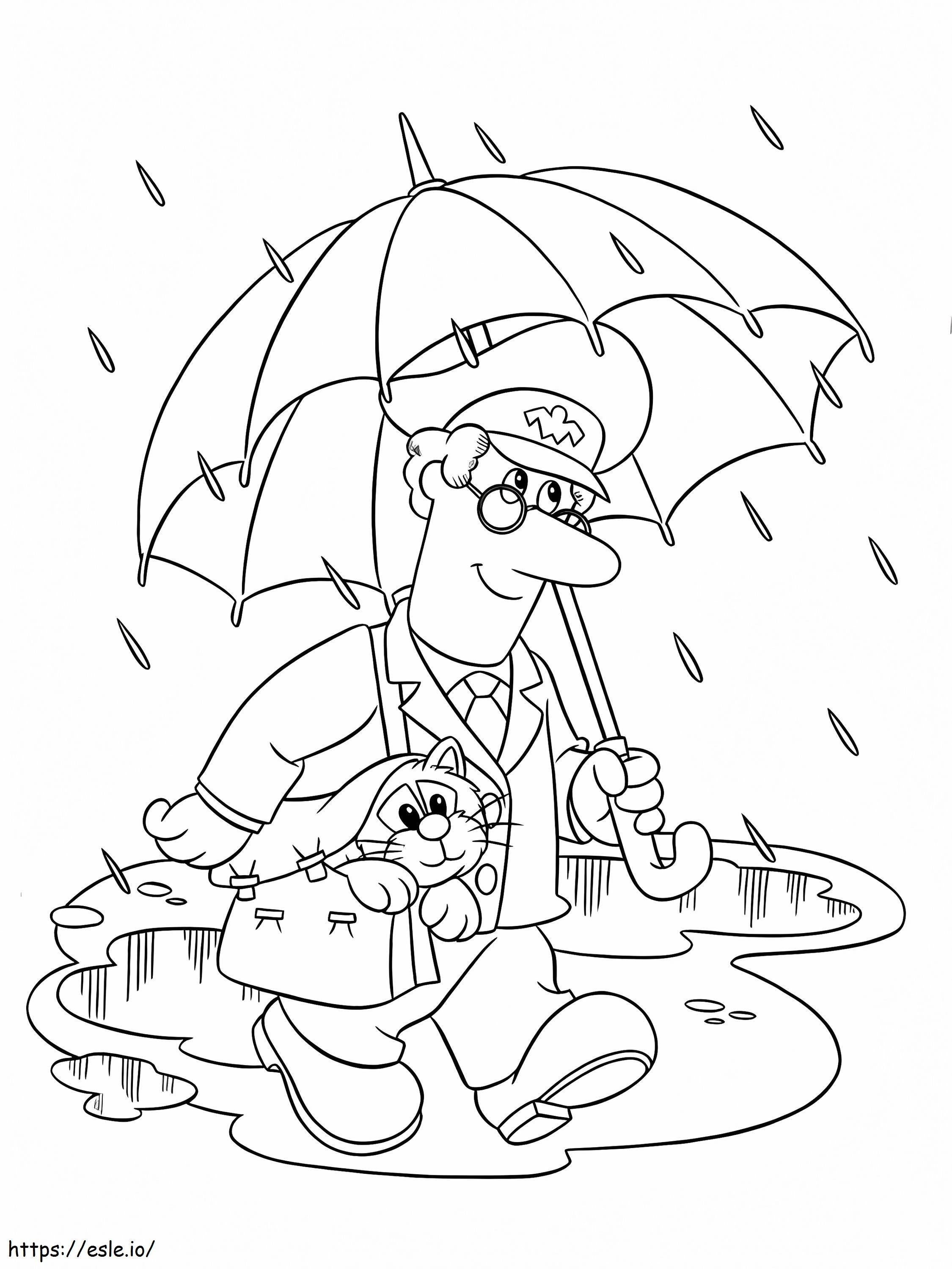 Pat, o carteiro, e seu gato andando na chuva para colorir