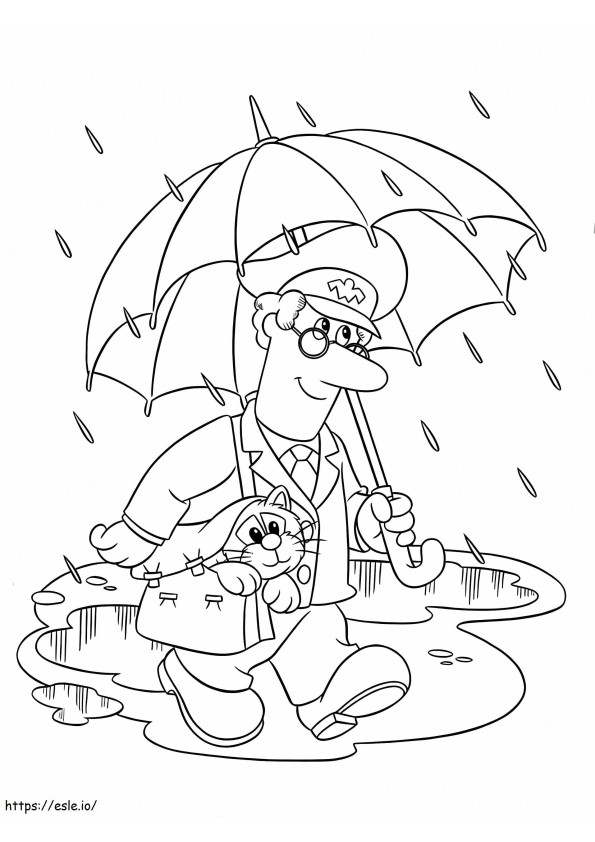 Pat, o carteiro, e seu gato andando na chuva para colorir
