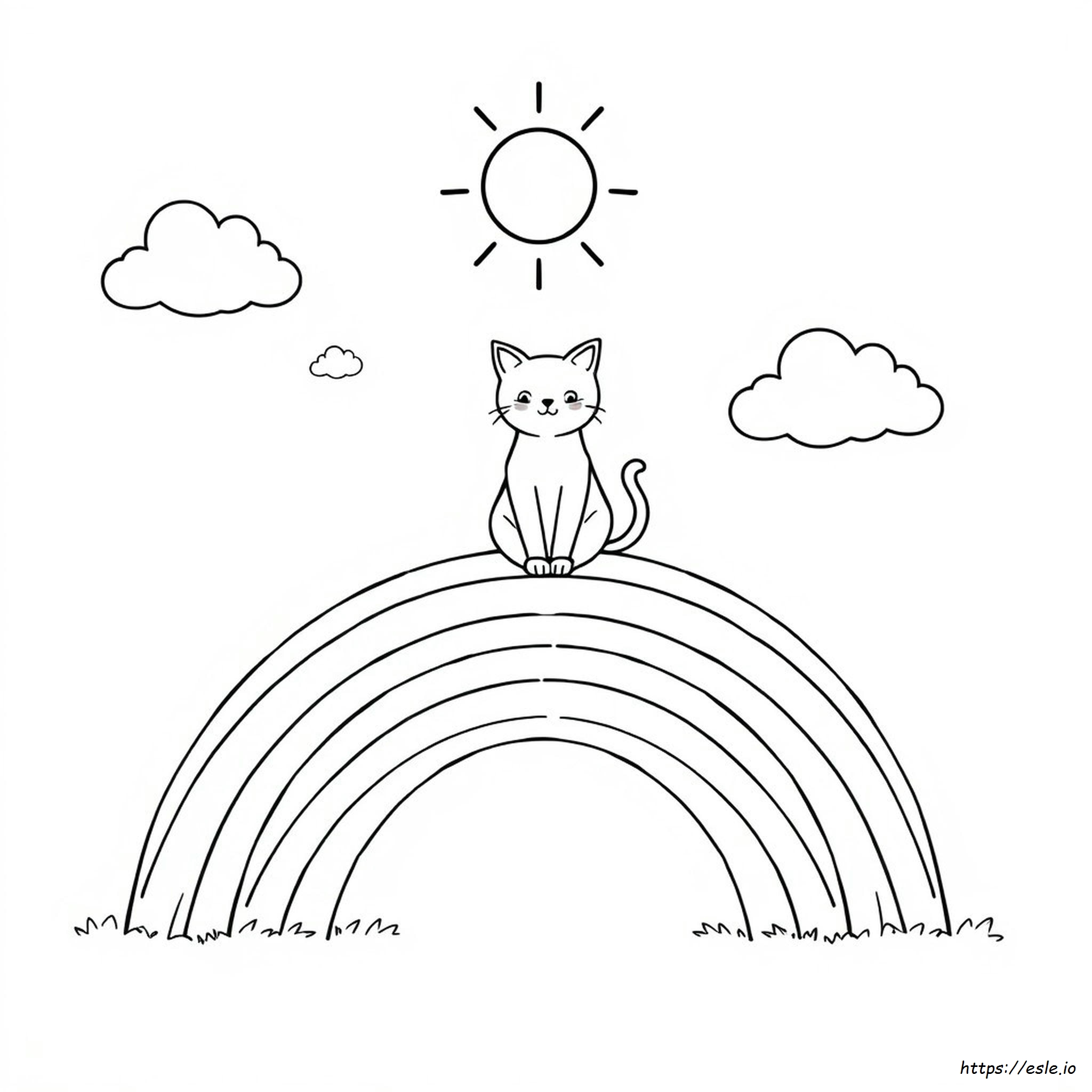 Gökkuşağı Üzerinde Kedi Boyama Sayfası