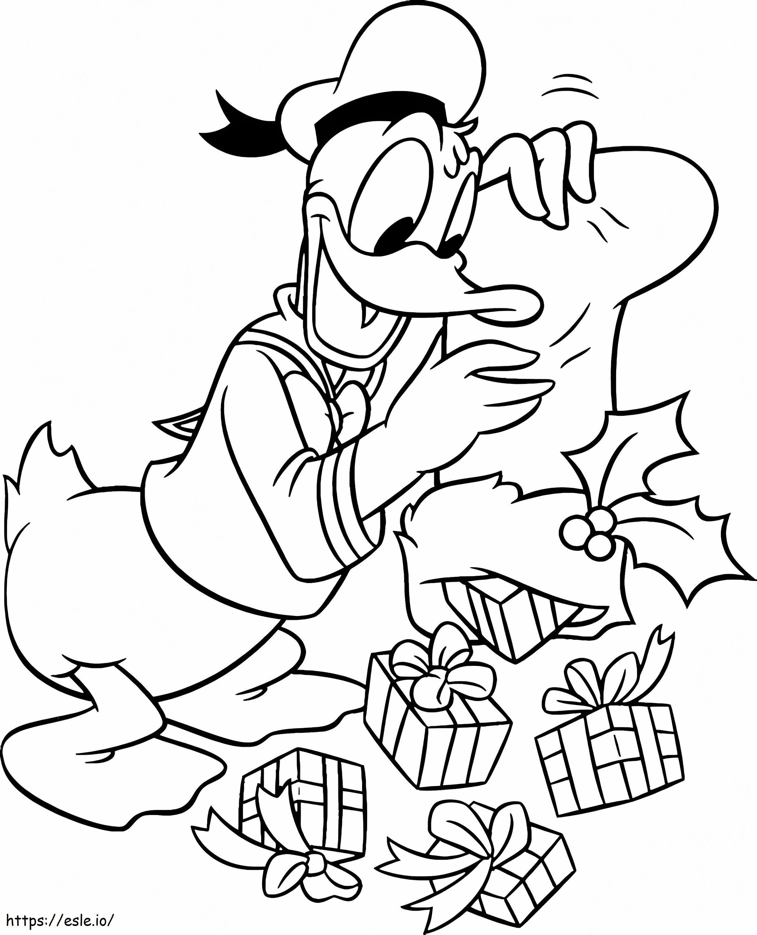 Coloriage Donald Duck avec des cadeaux de Noël à imprimer dessin