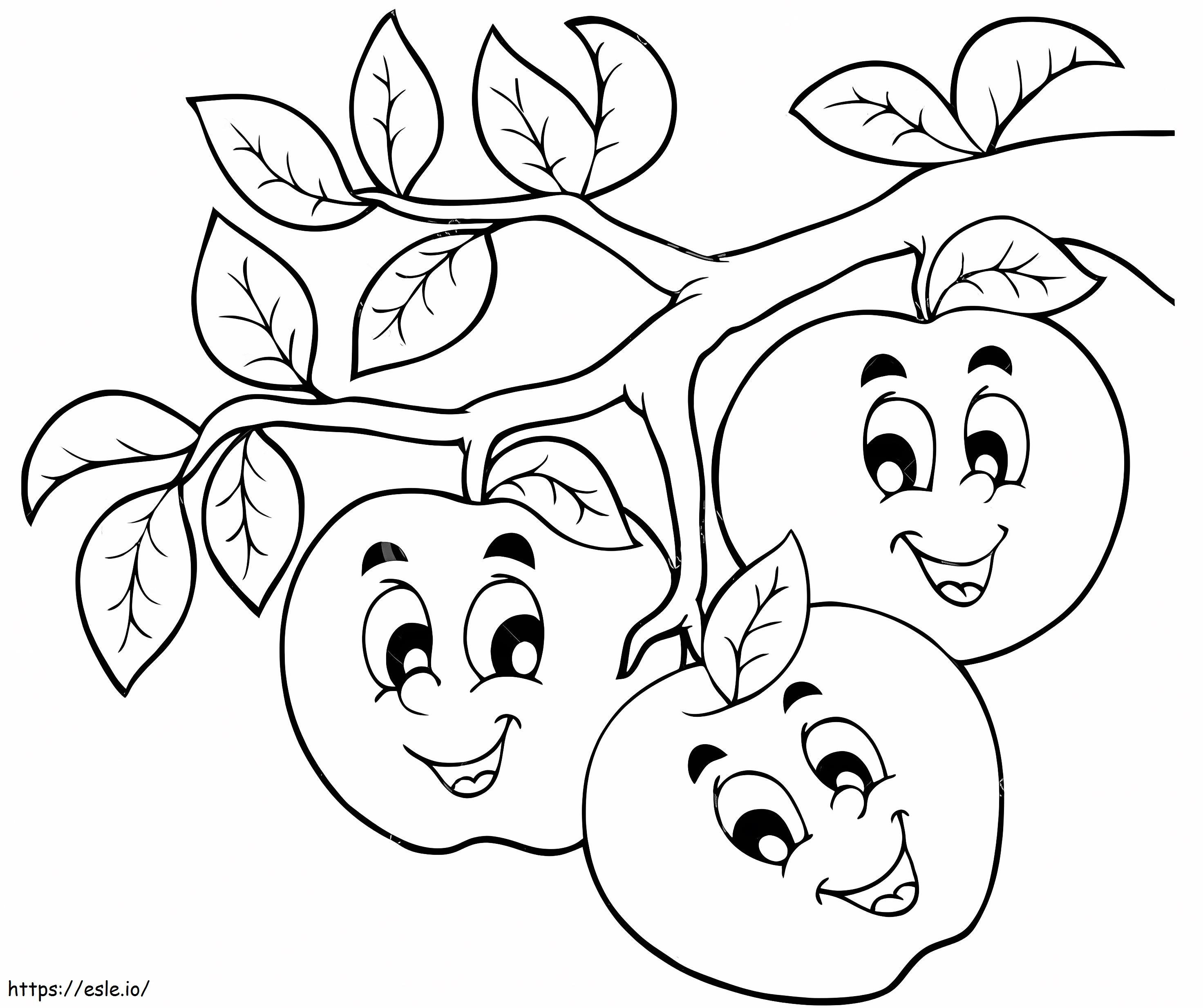 Tres manzanas de dibujos animados en el árbol para colorear