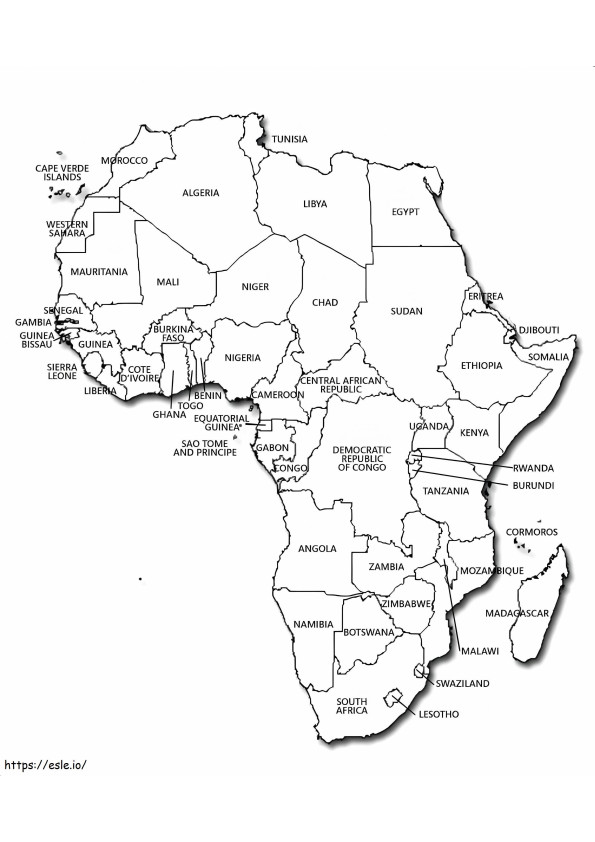 Pagina da colorare della mappa dell'Africa da colorare