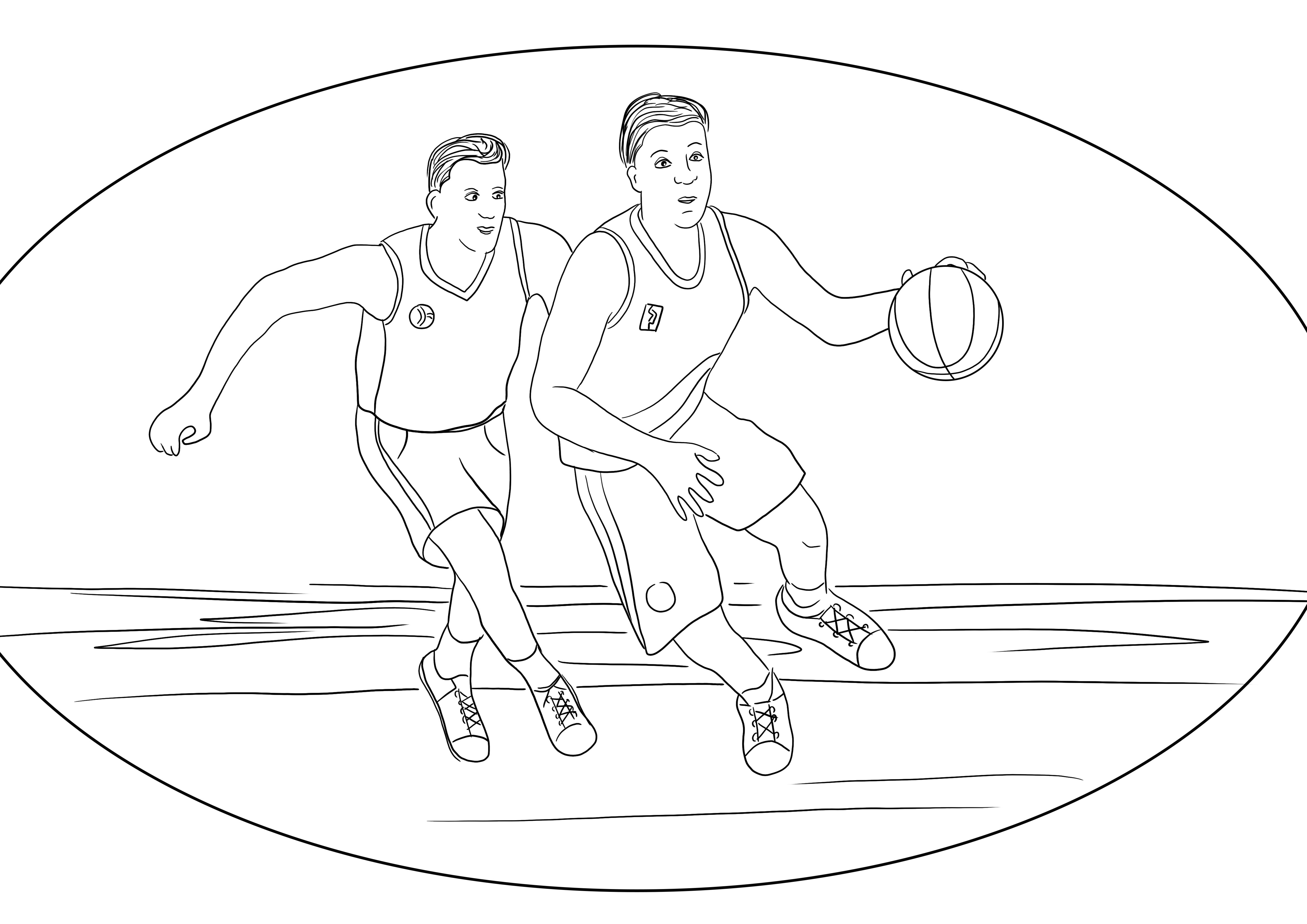 Free downloading page of a basketball game easy to color by kids