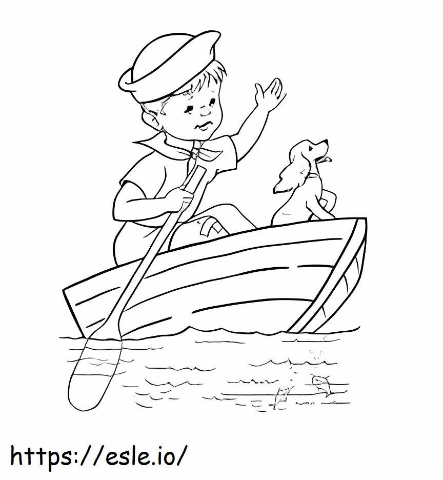 niño y perro en barco para colorear