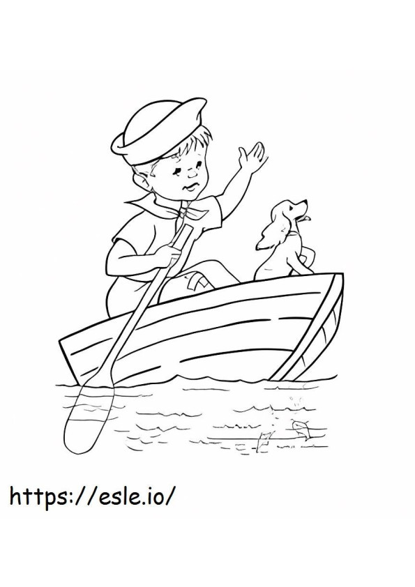 ボートに乗った少年と犬 ぬりえ - 塗り絵