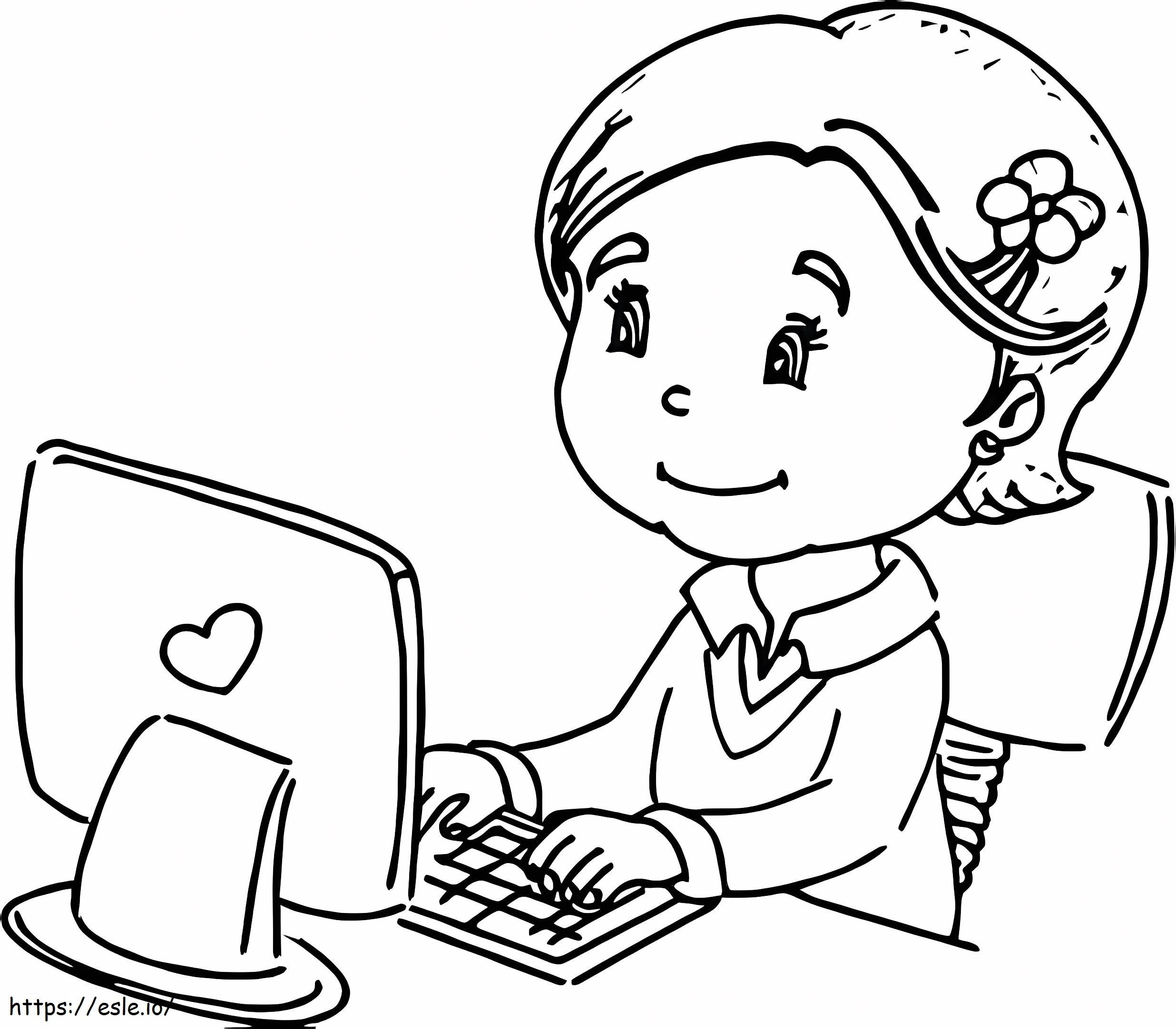 Fată care studiază pe computer de colorat